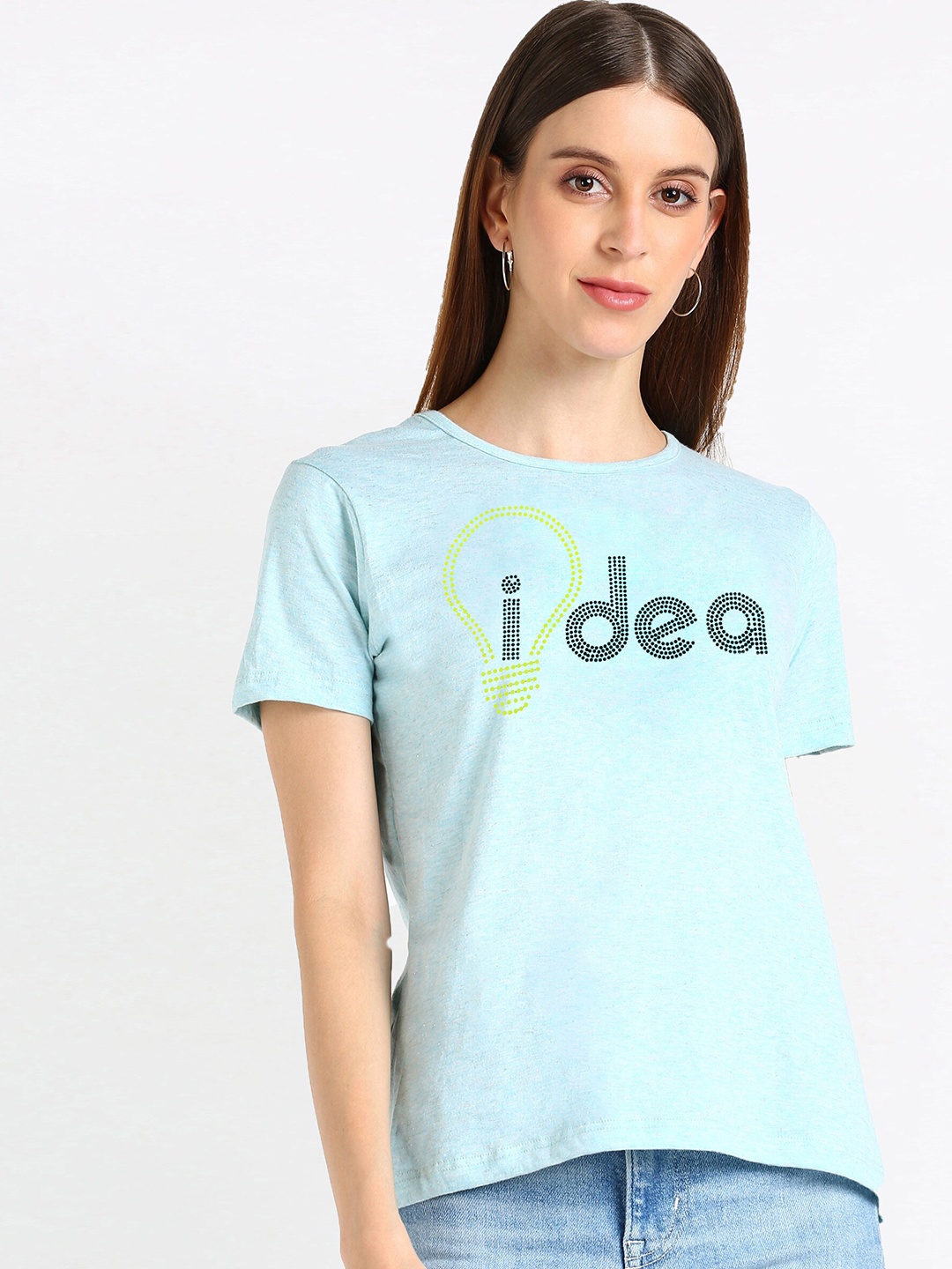 

shashvi Women Turquoise Blue Typography Printed T-shirt