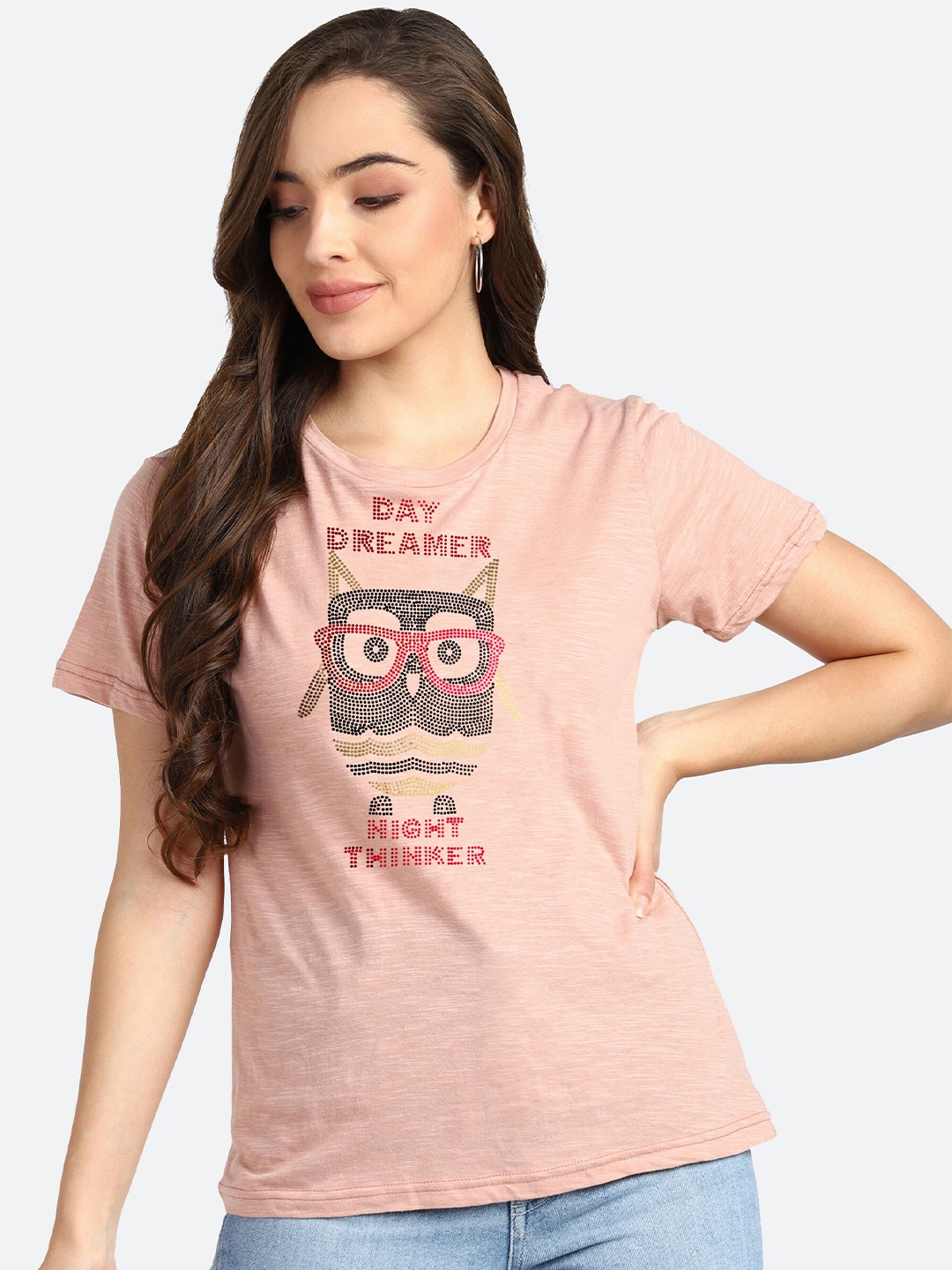 

shashvi Women Pink Typography Printed Round Neck T-shirt