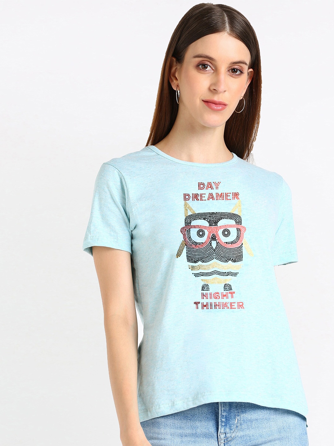 

shashvi Women Turquoise Blue Embellished Printed T-shirt