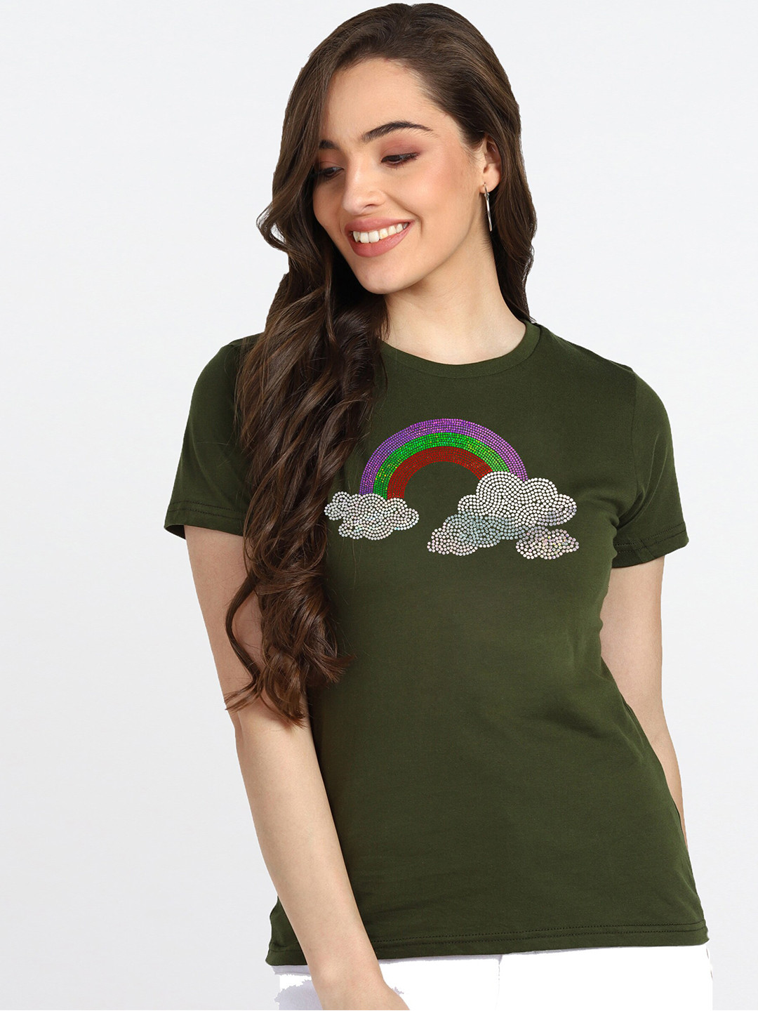 

shashvi Women Khaki Printed Applique T-shirt