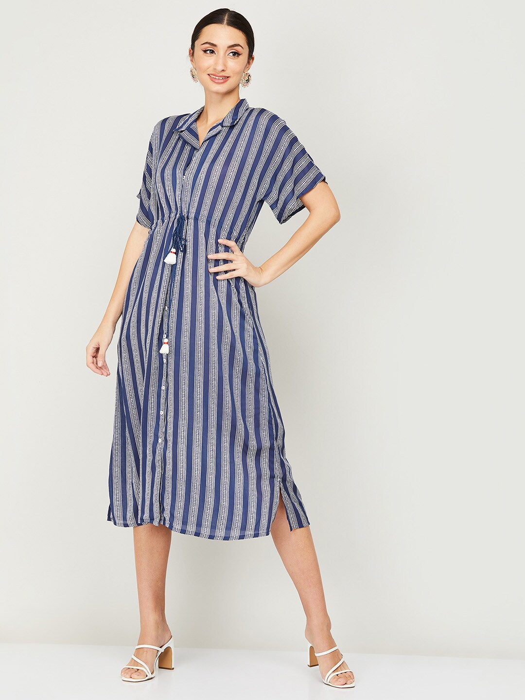 

Colour Me by Melange Blue Striped Shirt Midi Dress