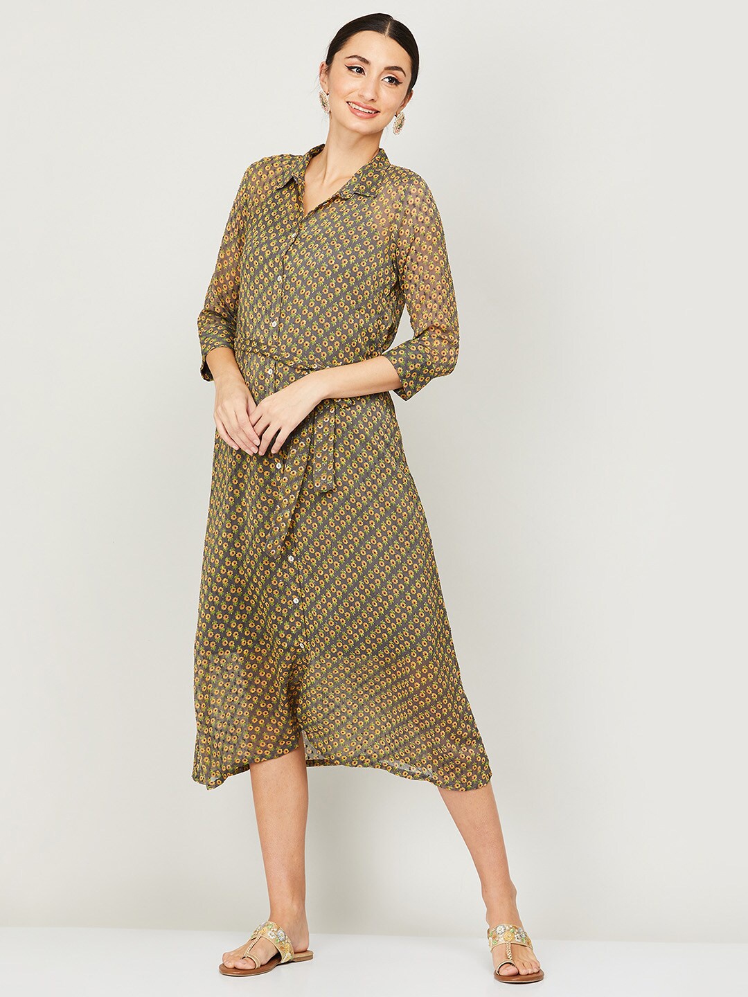 

Colour Me by Melange Grey & Yellow Floral Printed Shirt Midi Dress