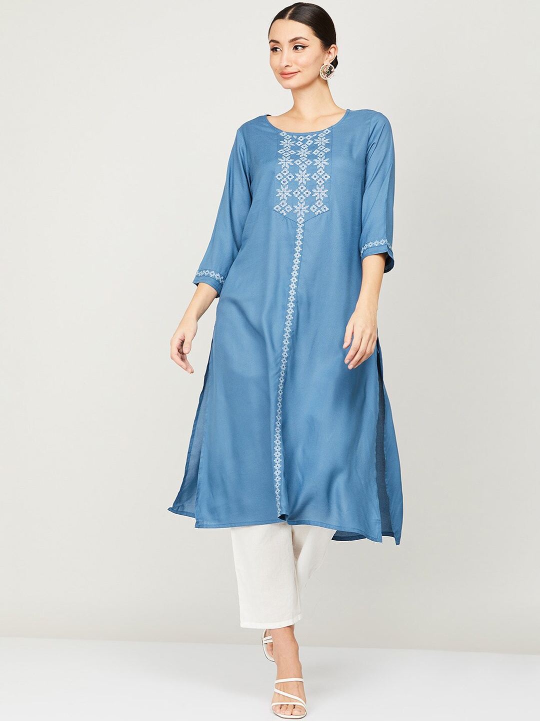 

Melange by Lifestyle Women Blue Embroidered Flared Sleeves Thread Work Kurta