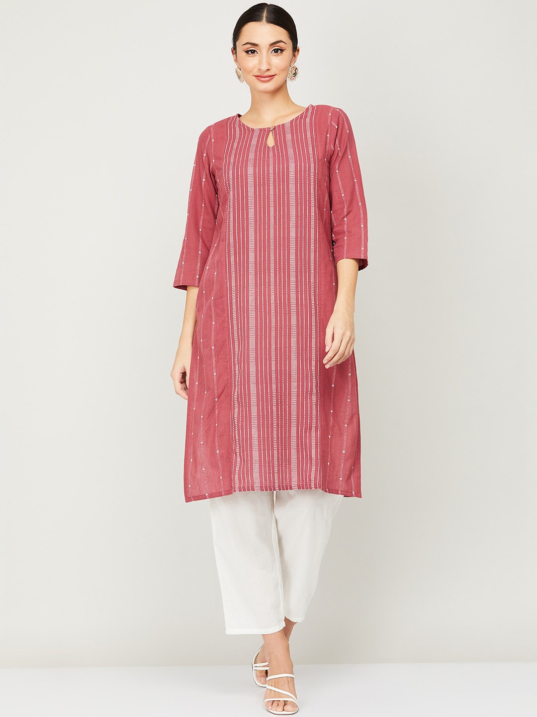 

Melange by Lifestyle Women Red Striped Keyhole Neck Thread Work Cotton Kurta