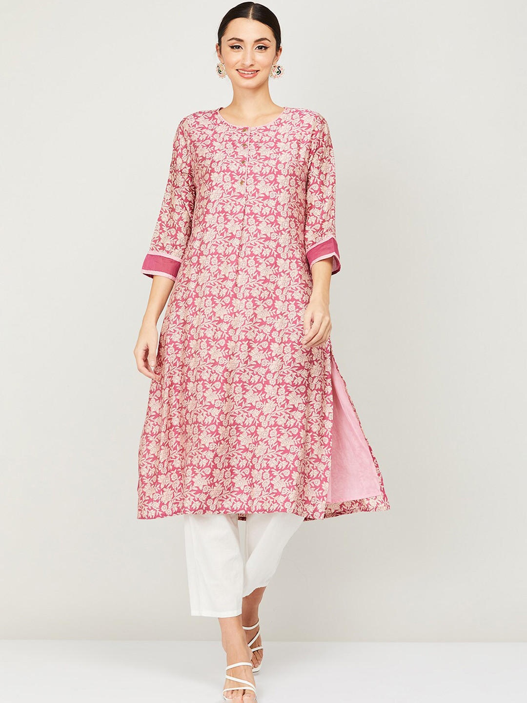 

Melange by Lifestyle Women Pink & Beige Floral Printed Floral Kurta