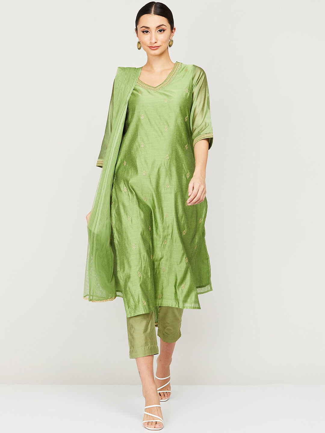 

Melange by Lifestyle Women Green Embroidered Kurta with Trouser & Dupatta