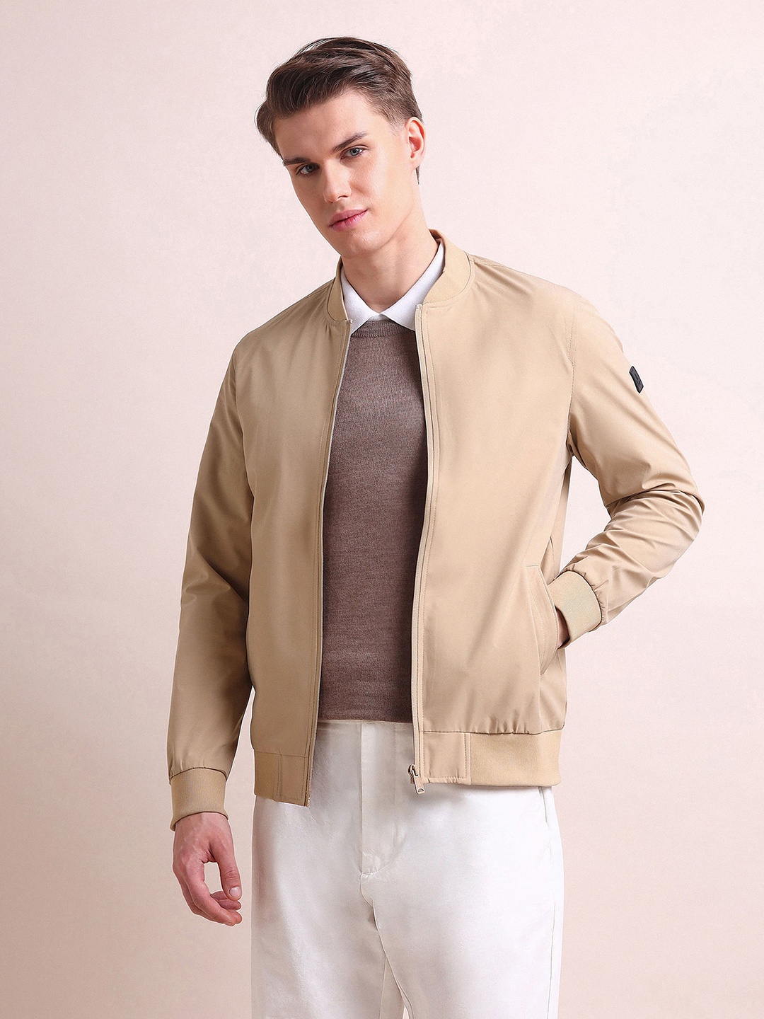 

Arrow Sport Men Beige Bomber with Embroidered Jacket