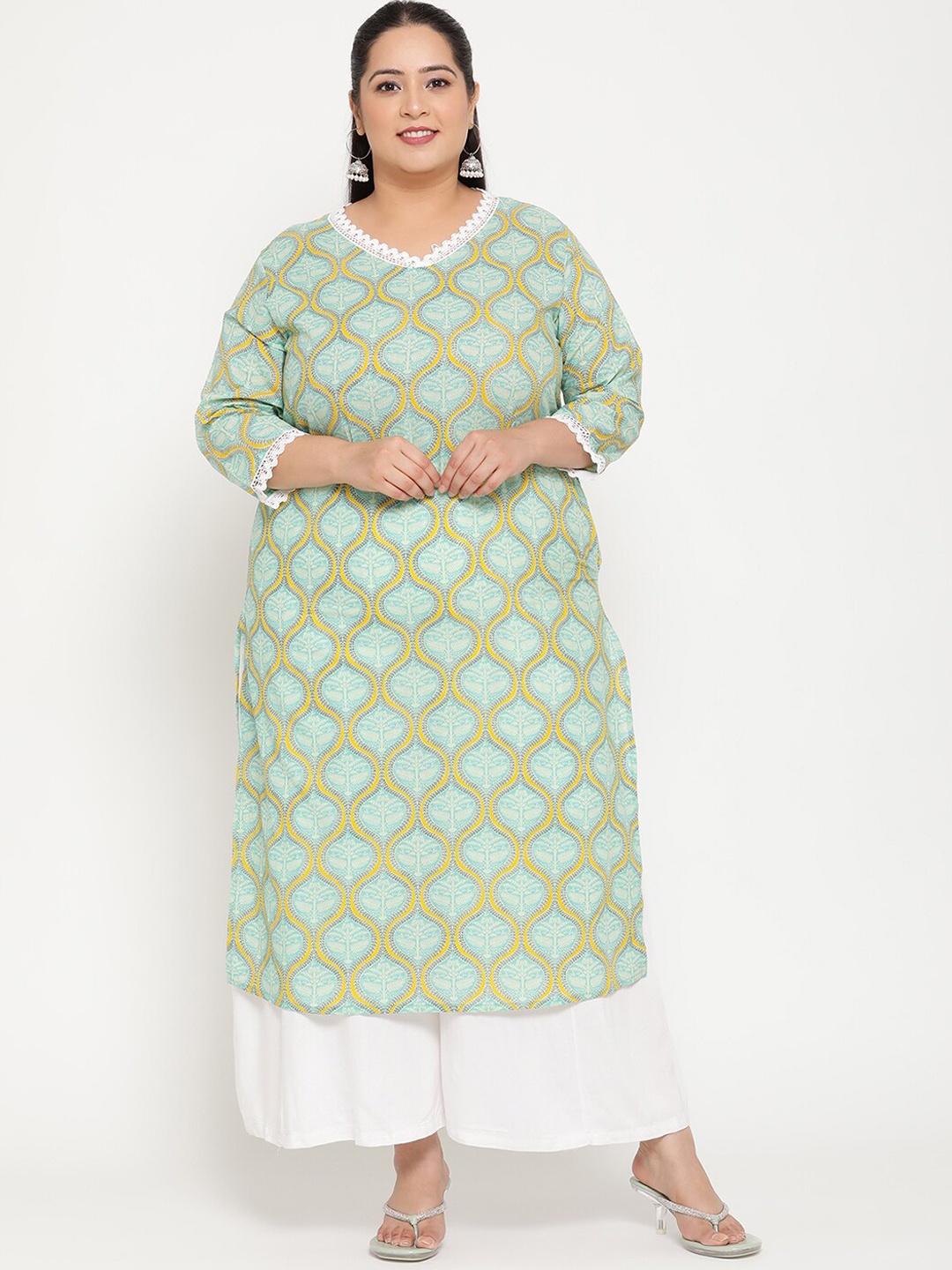 Sringam Women Plus Size Blue Ethnic Motifs Printed Kurta