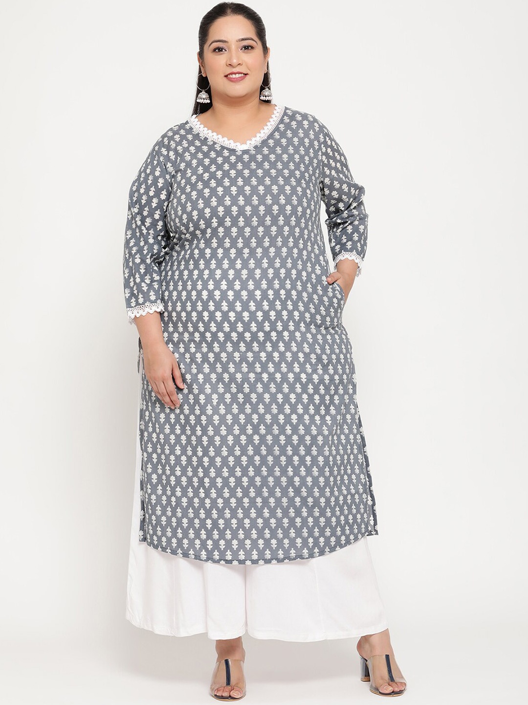 

Sringam Women Grey Pluz Size Ethnic Motifs Printed Kurta