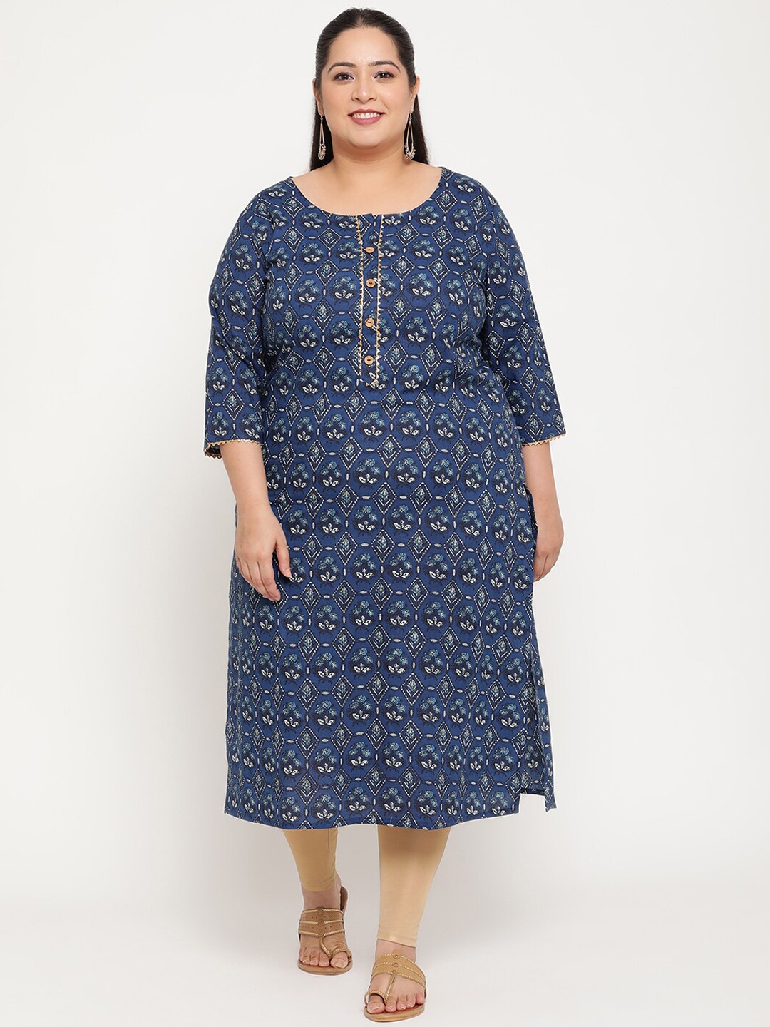 Sringam Women Blue & Beige Floral Printed Plus Size Kurta