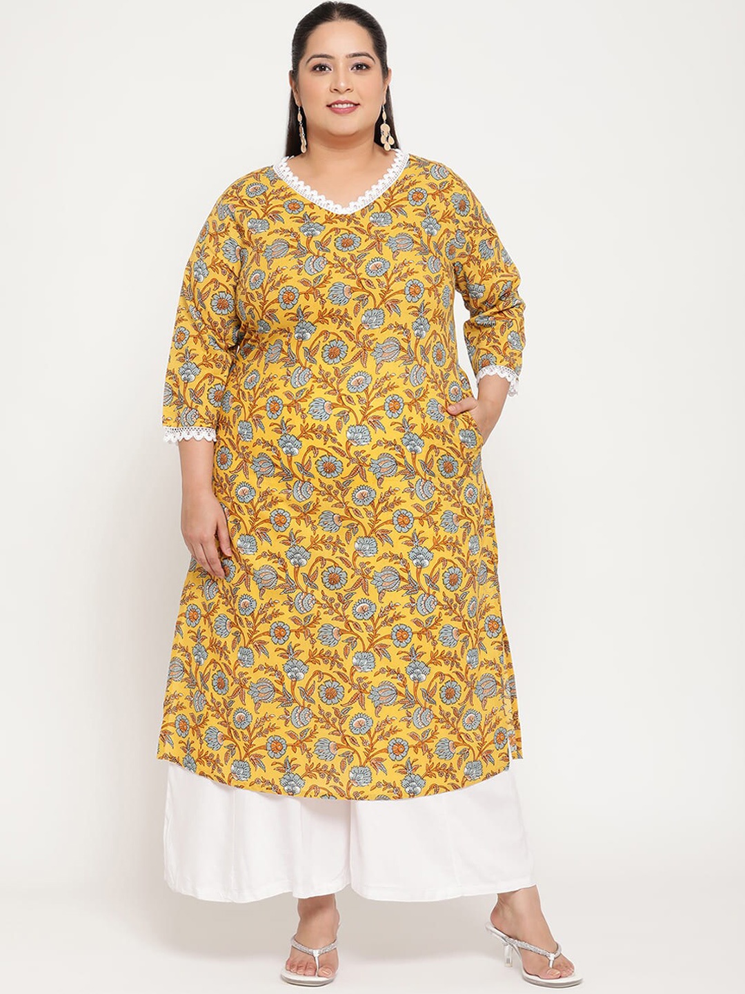 Sringam Plus Size Women Yellow Floral Printed Kurta
