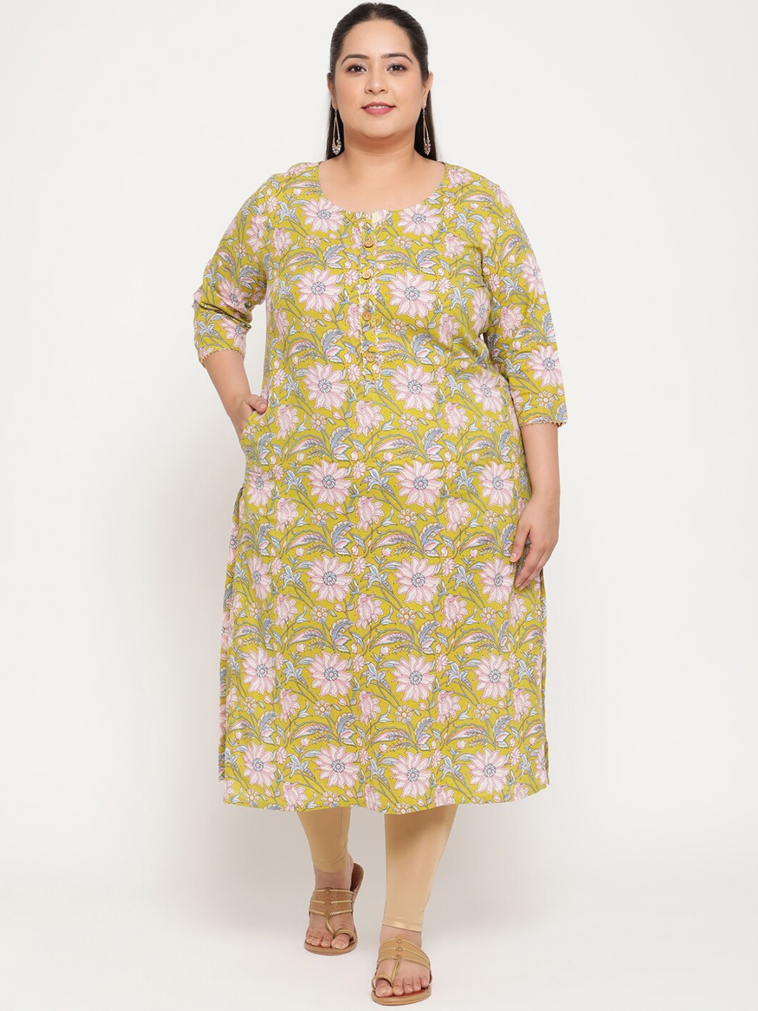 

Sringam Women Plus Size Green Floral Printed Kurta