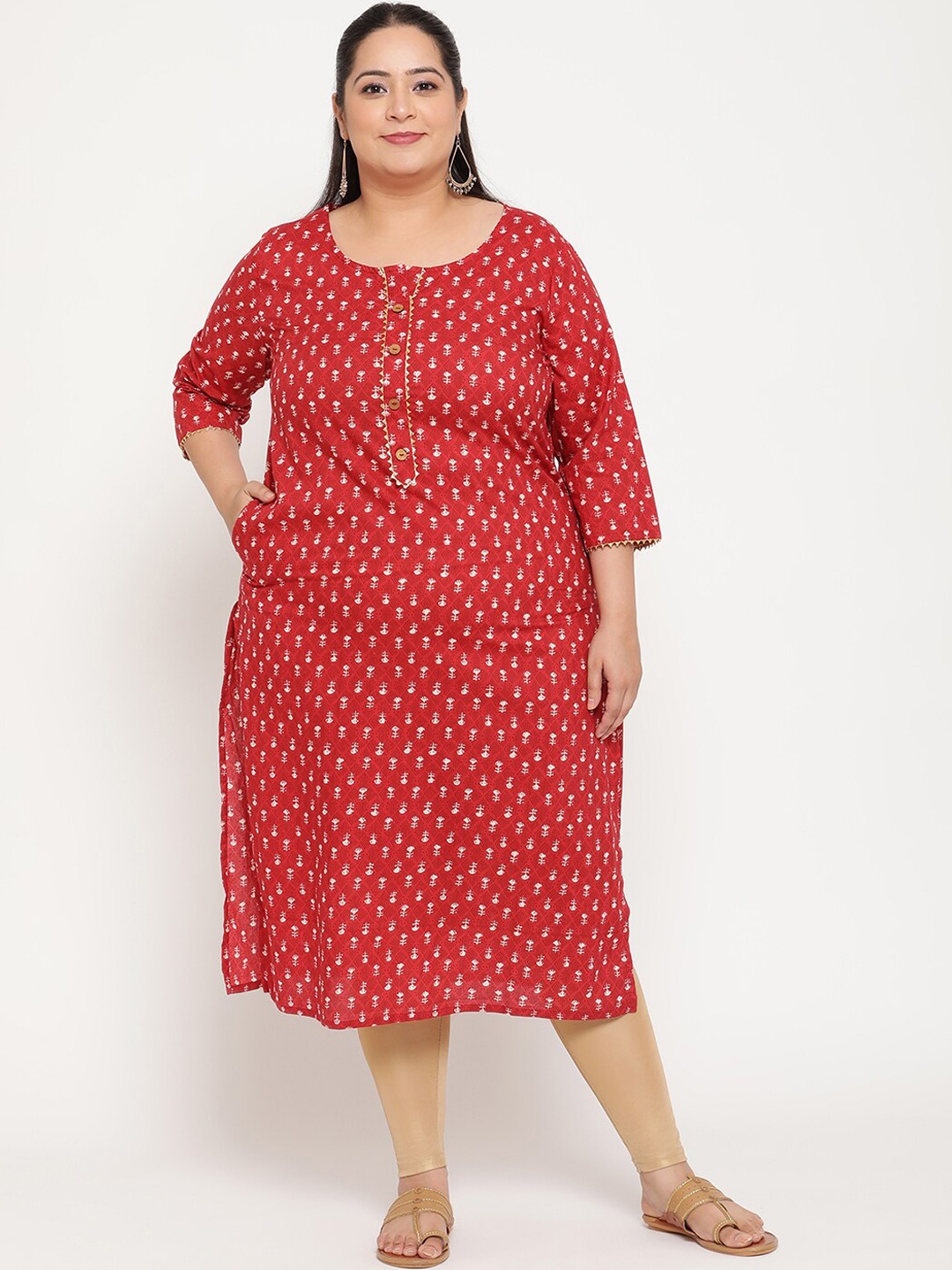 Sringam Plus Size Women Red Ethnic Motifs Printed Gotta Patti Kurta
