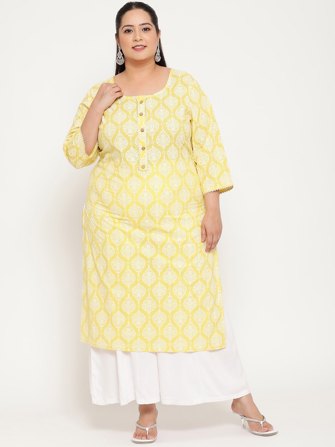 

Sringam Women Plus Size Yellow Ethnic Motifs Printed Kurta