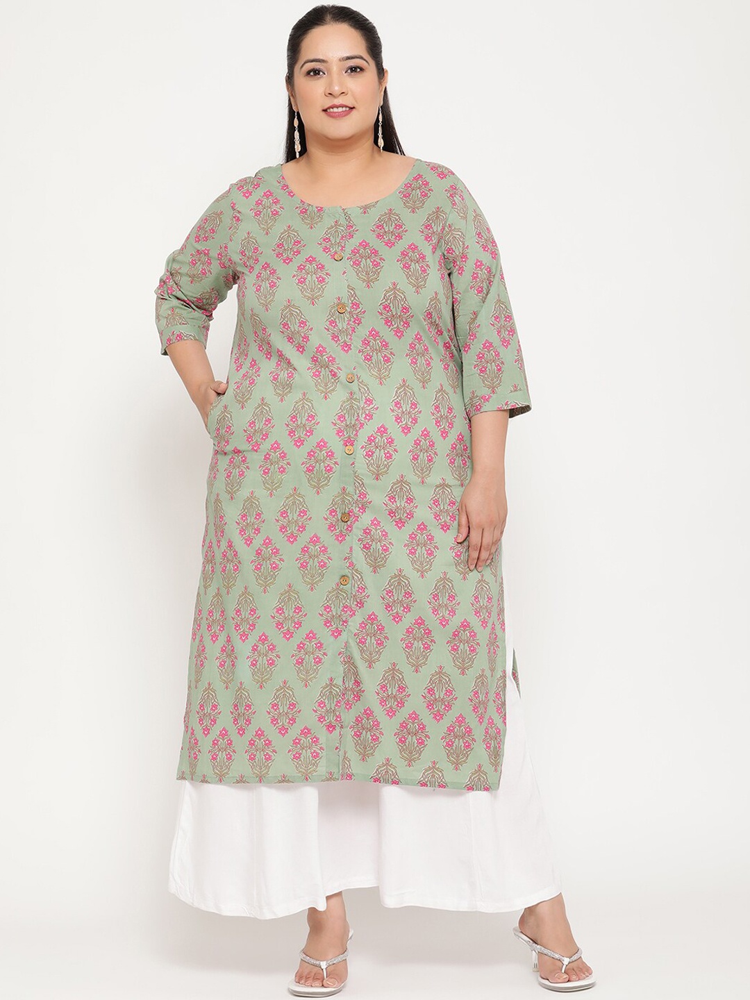 

Sringam Women Green Ethnic Motifs Printed Cotton Kurta