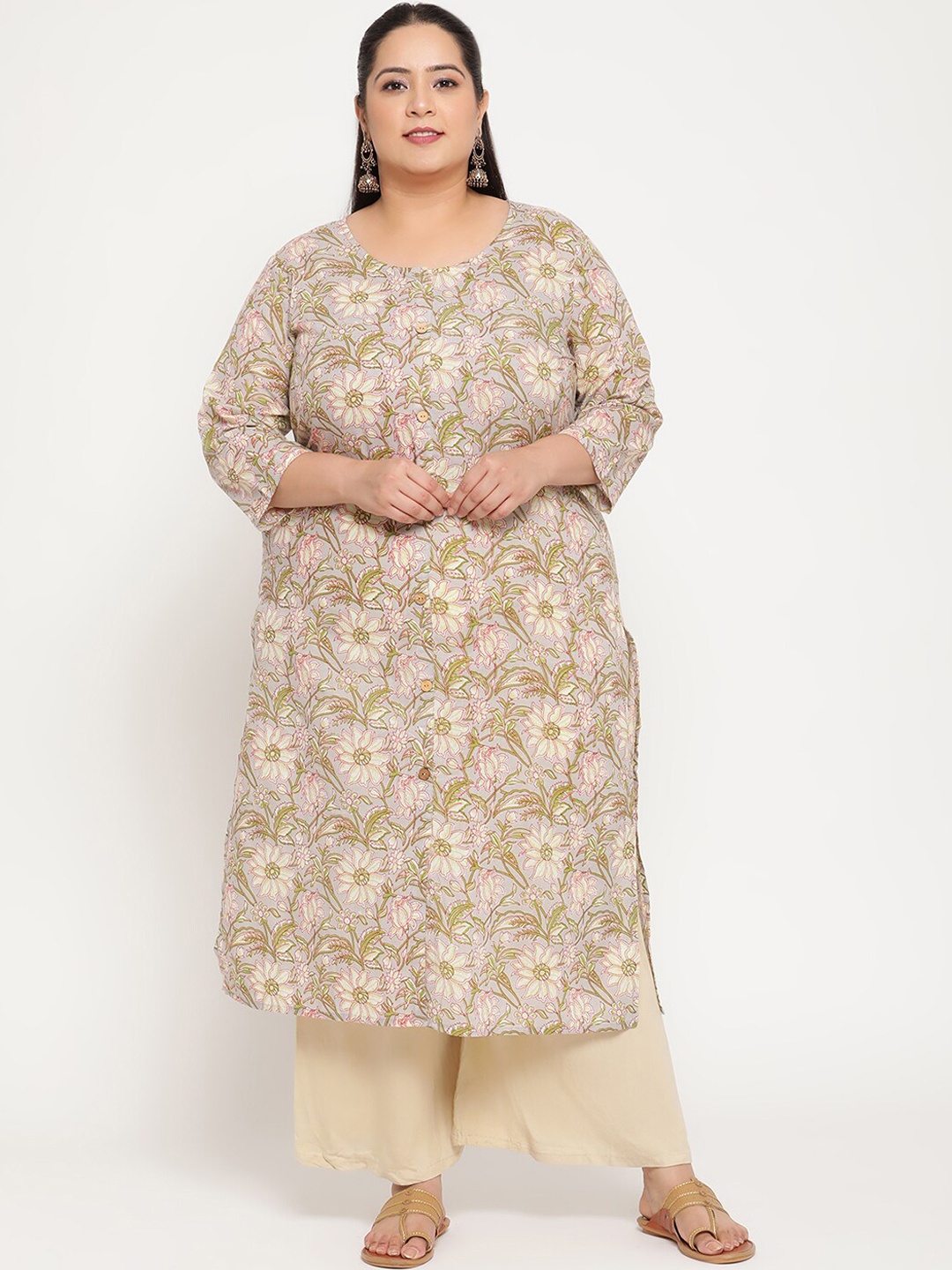 

Sringam Women Plus Size Green Floral Printed Kurta