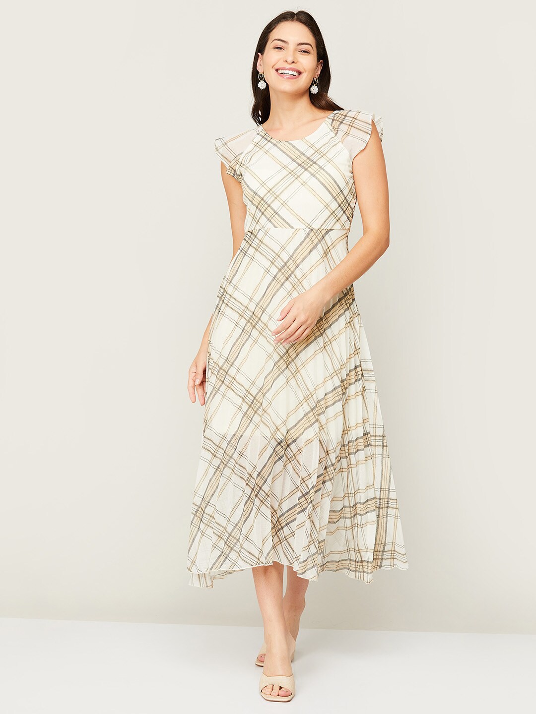 

CODE by Lifestyle Women Off White Checked A-Line Midi Dress