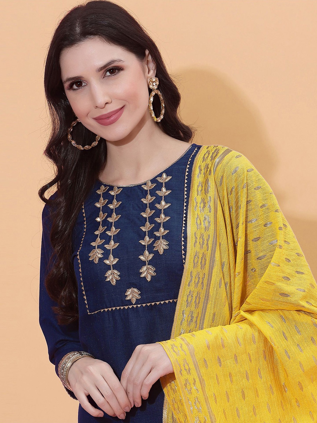 

SKYLEE Women Navy Blue Floral Embroidered Kurta with Trousers & With Dupatta