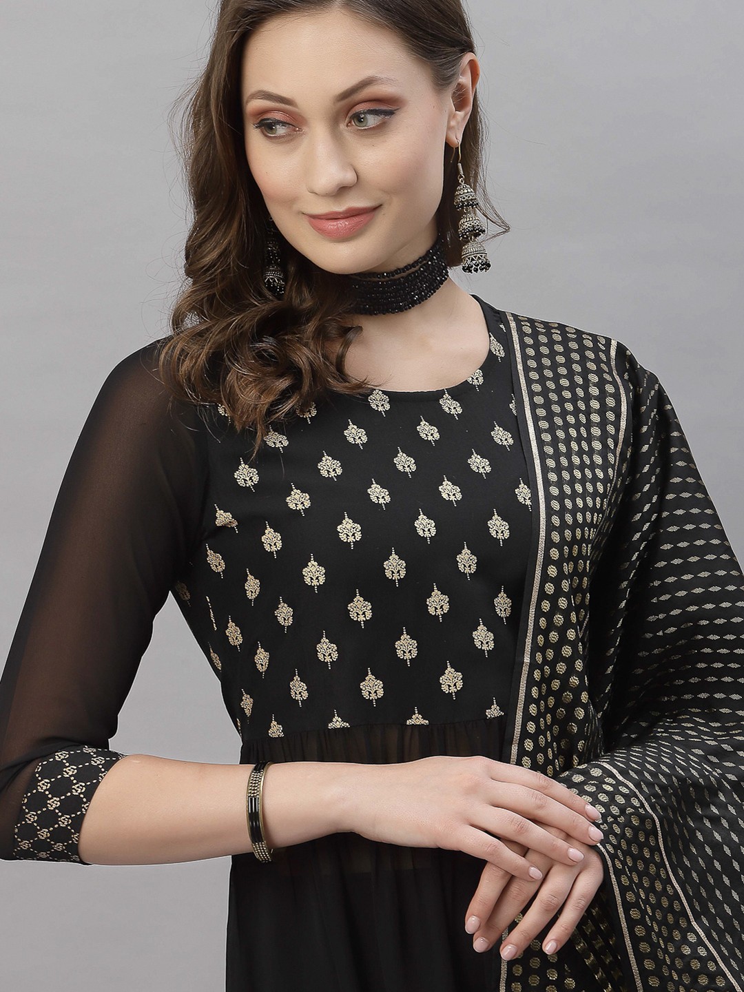 

SKYLEE Women Black Ethnic Motifs Empire Kurta Trousers with Dupatta