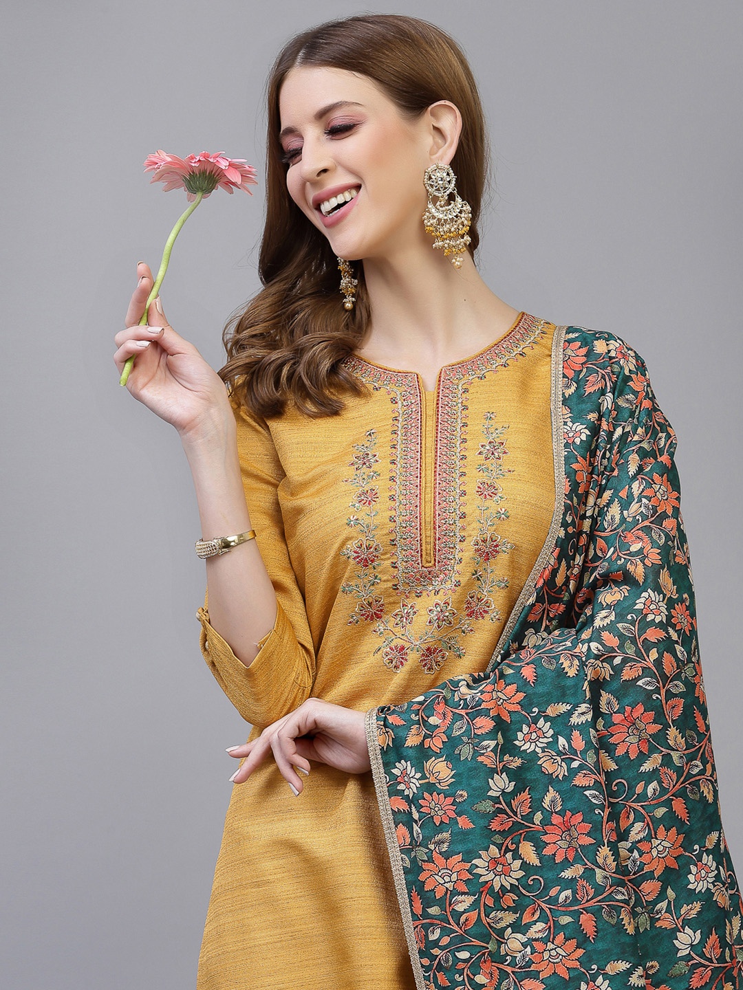 

SKYLEE Women Mustard Yellow Yoke Design Kurta with Trousers & With Dupatta