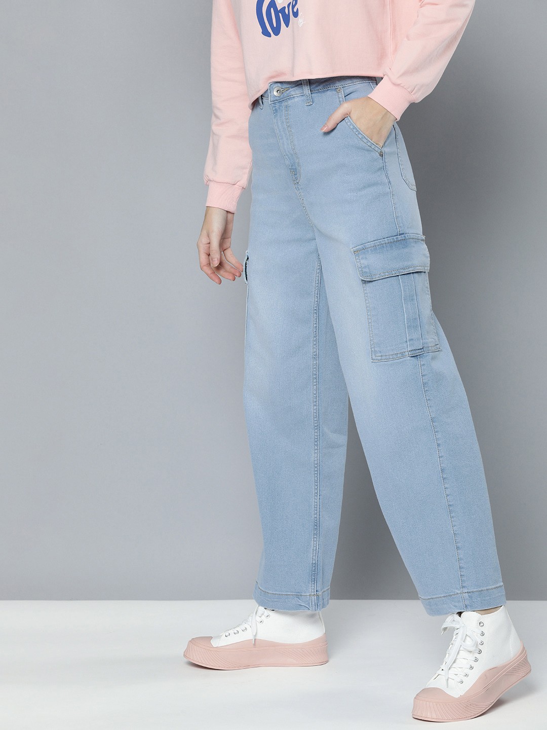 

Flying Machine Women Blue Wide Leg High-Rise Heavy Fade Stretchable Jeans