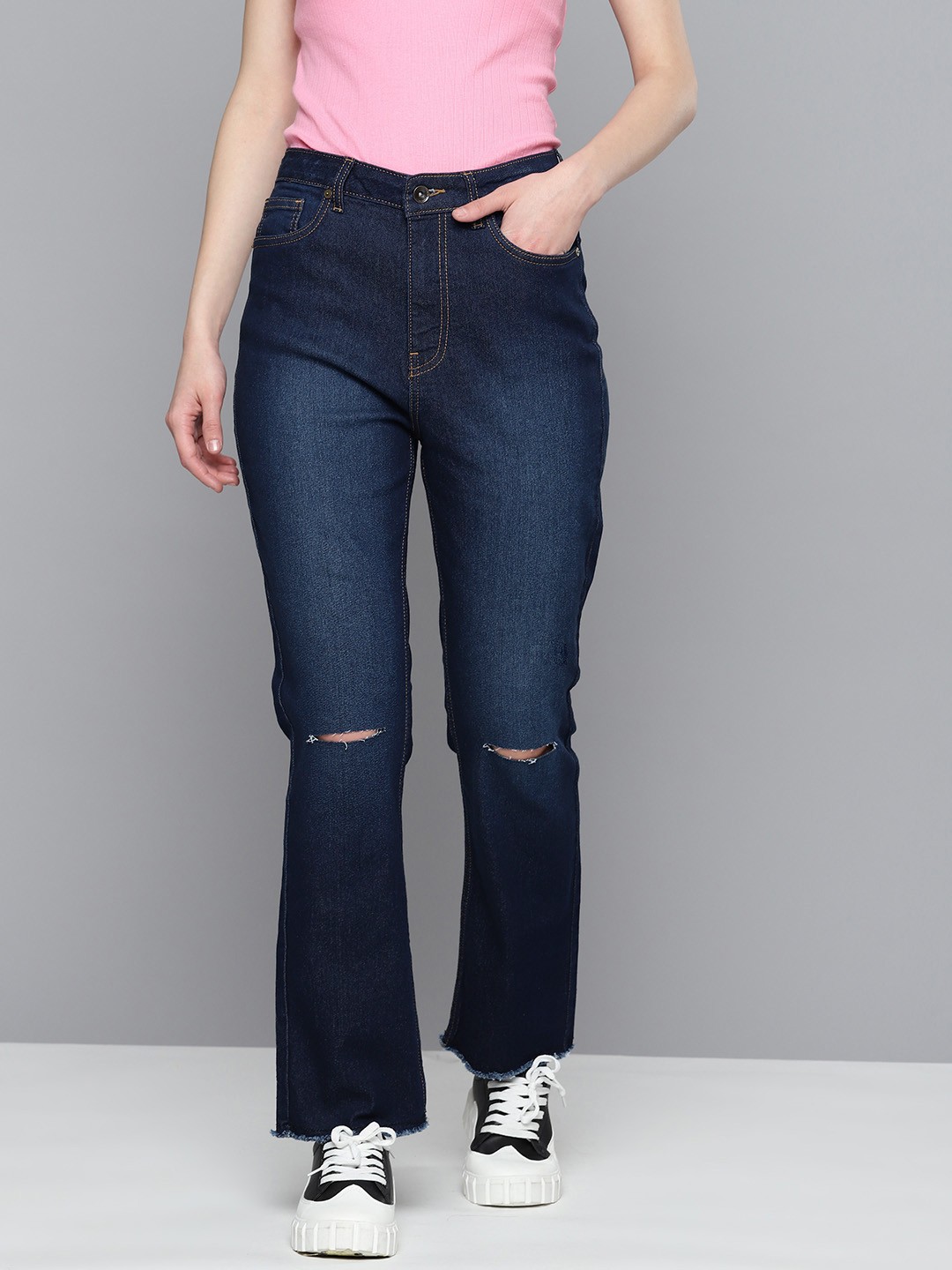 

Flying Machine Women Straight Fit High-Rise Slash Knee Light Fade Stretchable Jeans, Navy blue