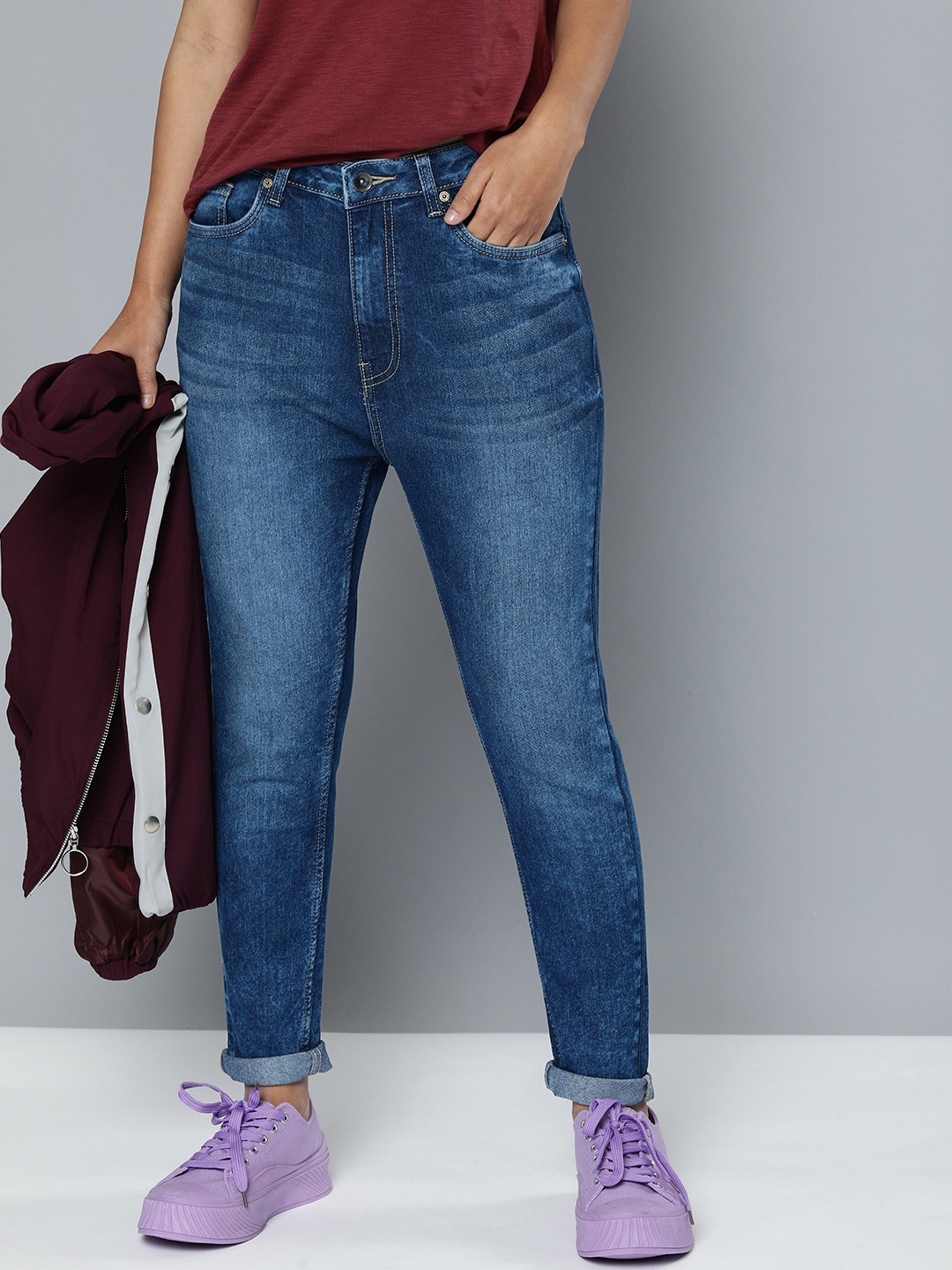 

Flying Machine Women Navy Blue Tapered Fit High-Rise Heavy Fade Stretchable Jeans