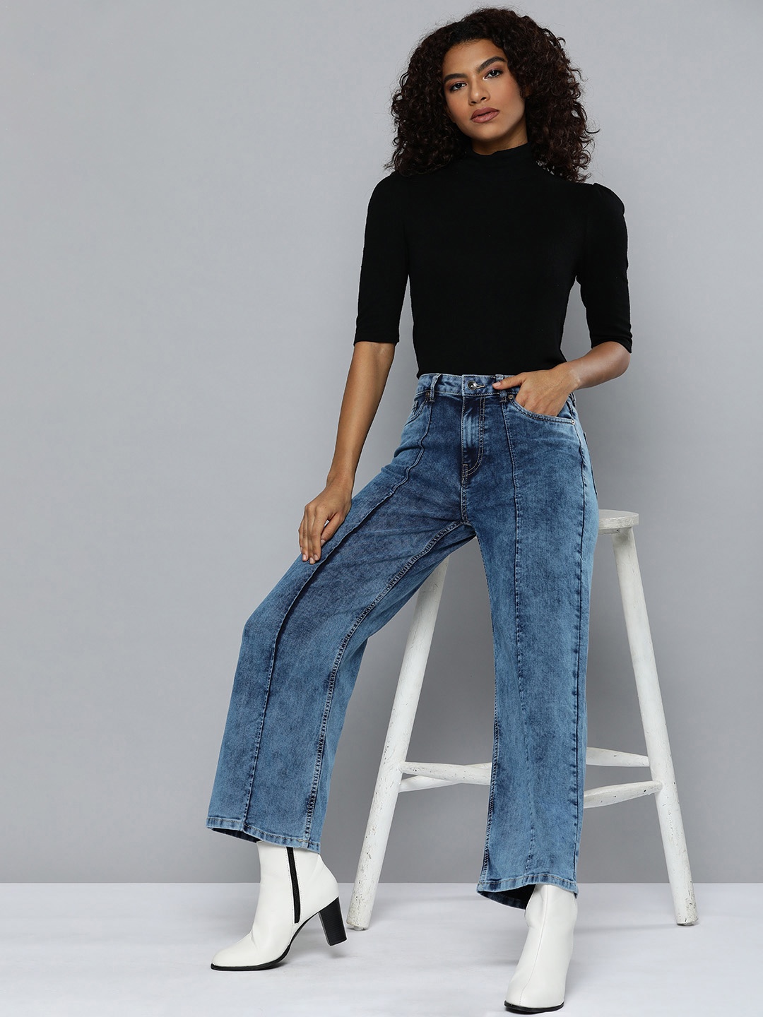 

Flying Machine Women Wide Leg Heavy Fade Acid Wash Stretchable Jeans, Blue
