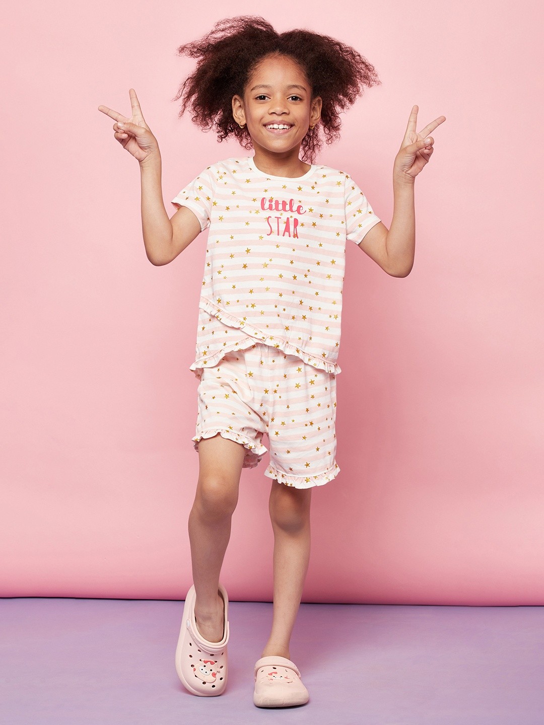 

SPUNKIES Girls Pink Geometric Print Striped Night suit