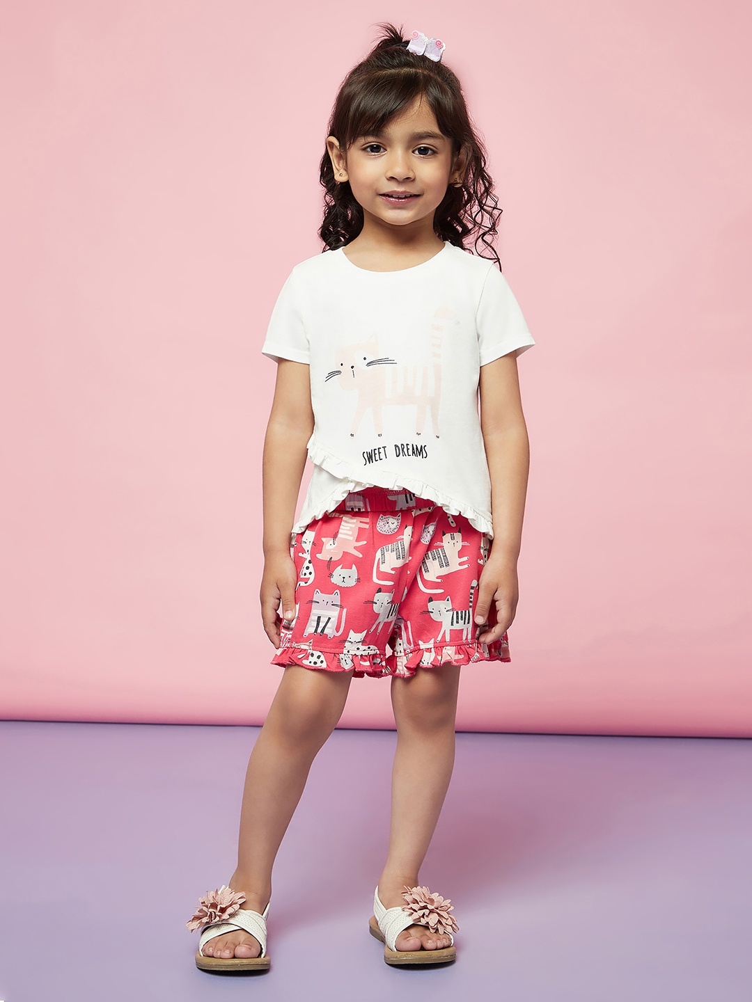 

SPUNKIES Girls Beige & Pink Animal Printed Night suit