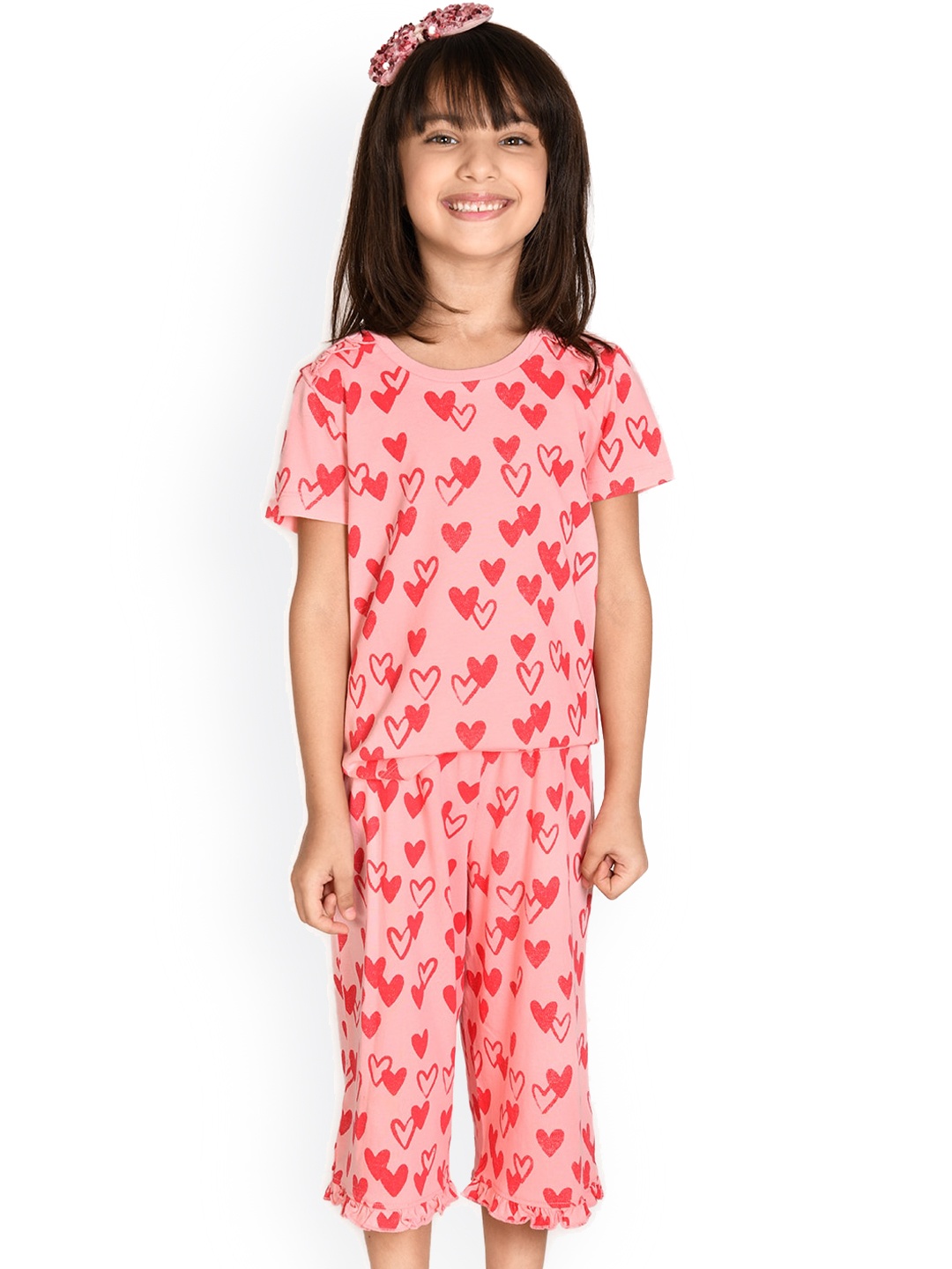 

SPUNKIES Girls Pink & Red Printed Night suit