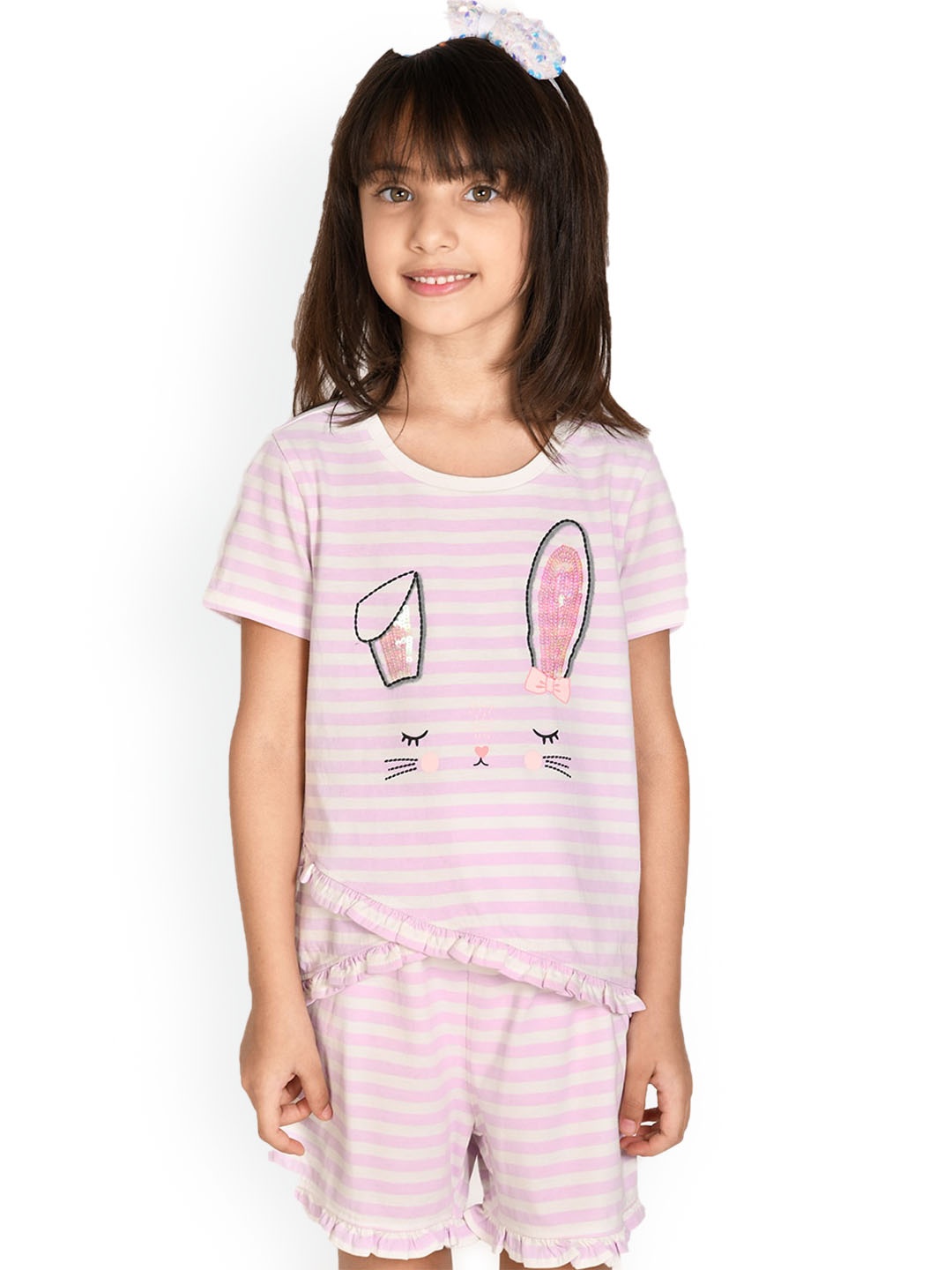 

SPUNKIES Girls White & Pink Striped Night Suit