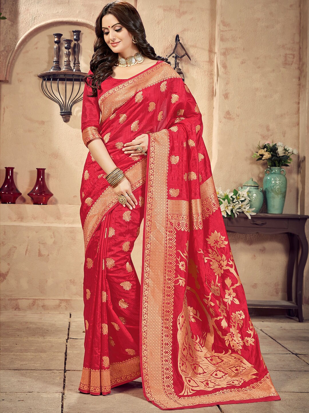 

Shaily Red & Gold-Toned Woven Design Zari Silk Blend Banarasi Saree