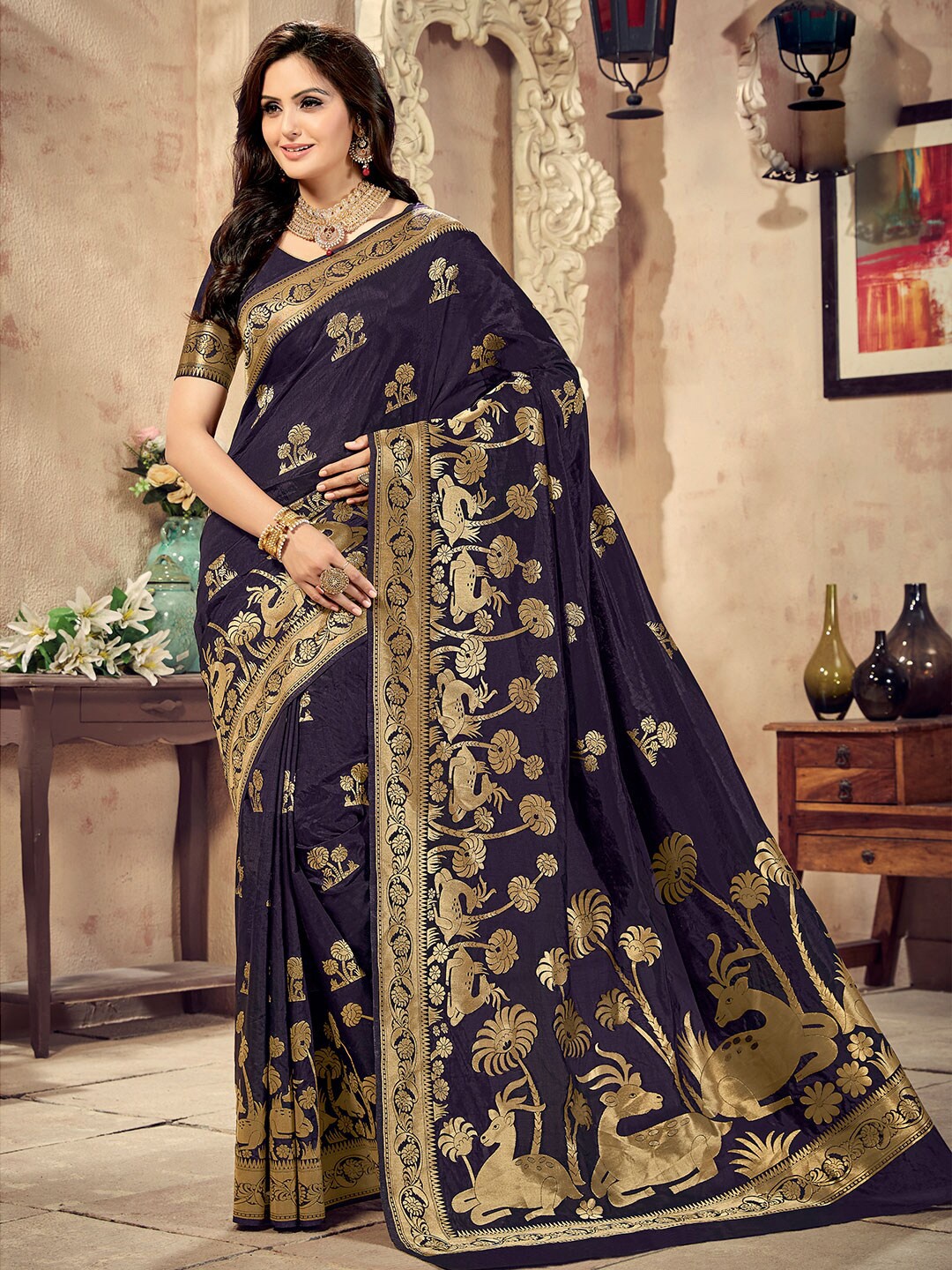 

Shaily Purple & Gold-Toned Woven Design Zari Silk Blend Banarasi Saree