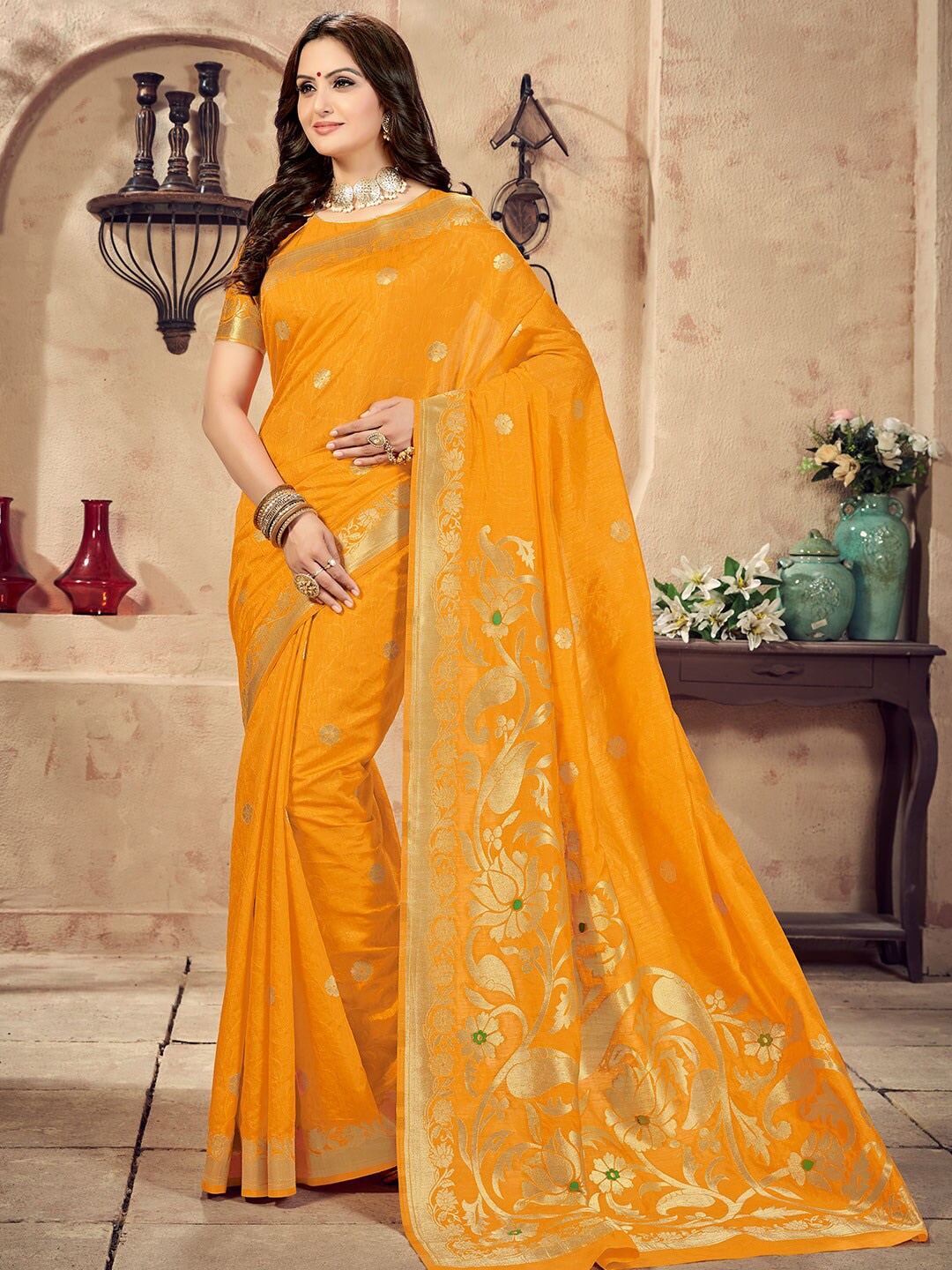 

Shaily Orange & Gold-Toned Woven Design Zari Silk Blend Banarasi Saree