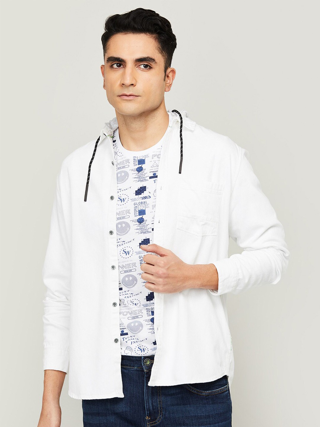 

Bossini Men White Printed Hooded Casual Shirt