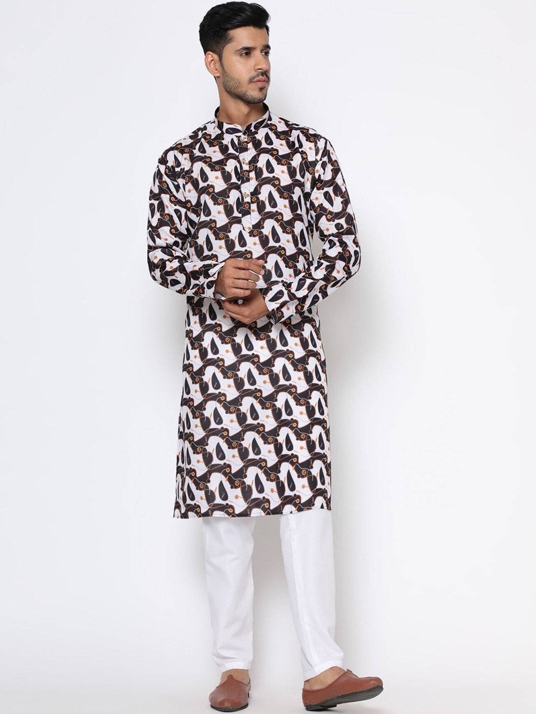 

Vastrasky Global Men Coffee Brown & White Printed Silk Kurta