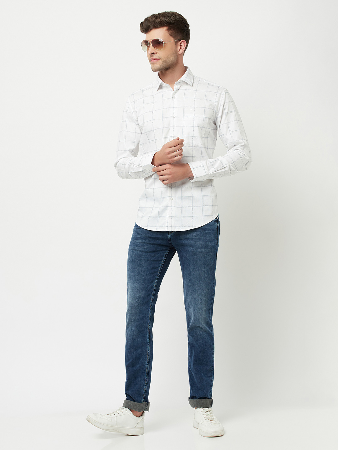 

Crimsoune Club Men White Slim Fit Windowpane Checks Checked Casual Shirt