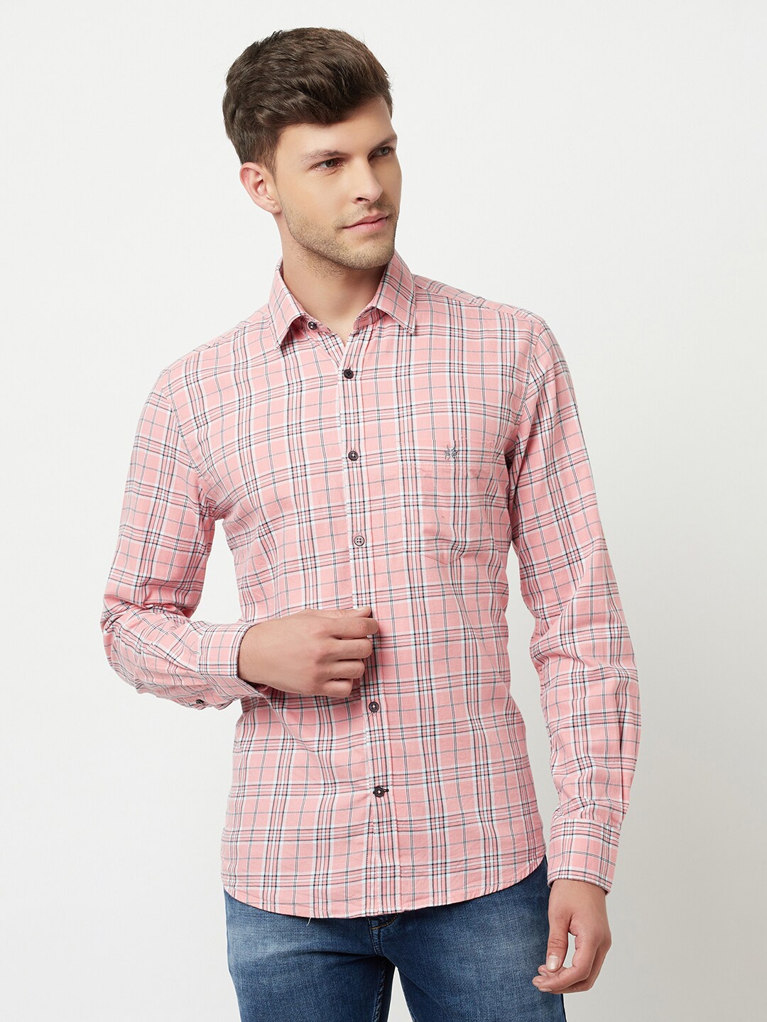 

Crimsoune Club Men Pink Slim Fit Tartan Checks Casual Shirt