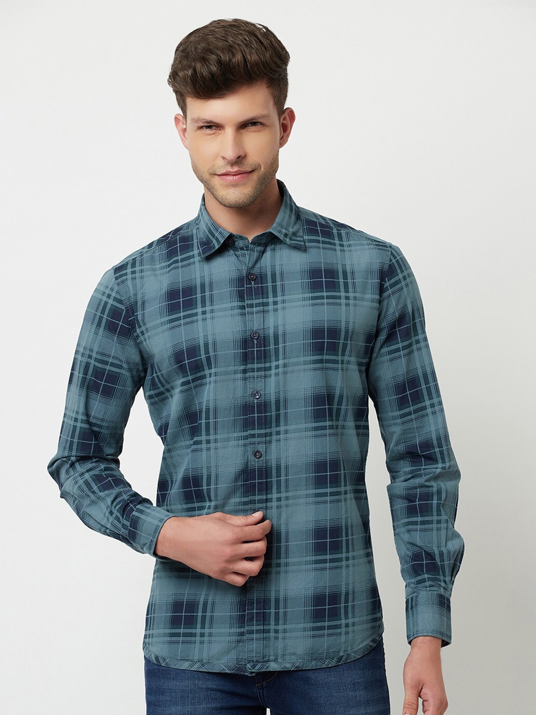 

Crimsoune Club Men Blue Slim Fit Tartan Checked Reversible Casual Shirt