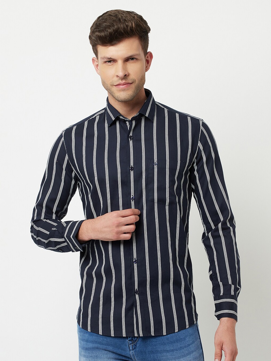 

Crimsoune Club Men Navy Blue Slim Fit Striped Pure Cotton Casual Shirt