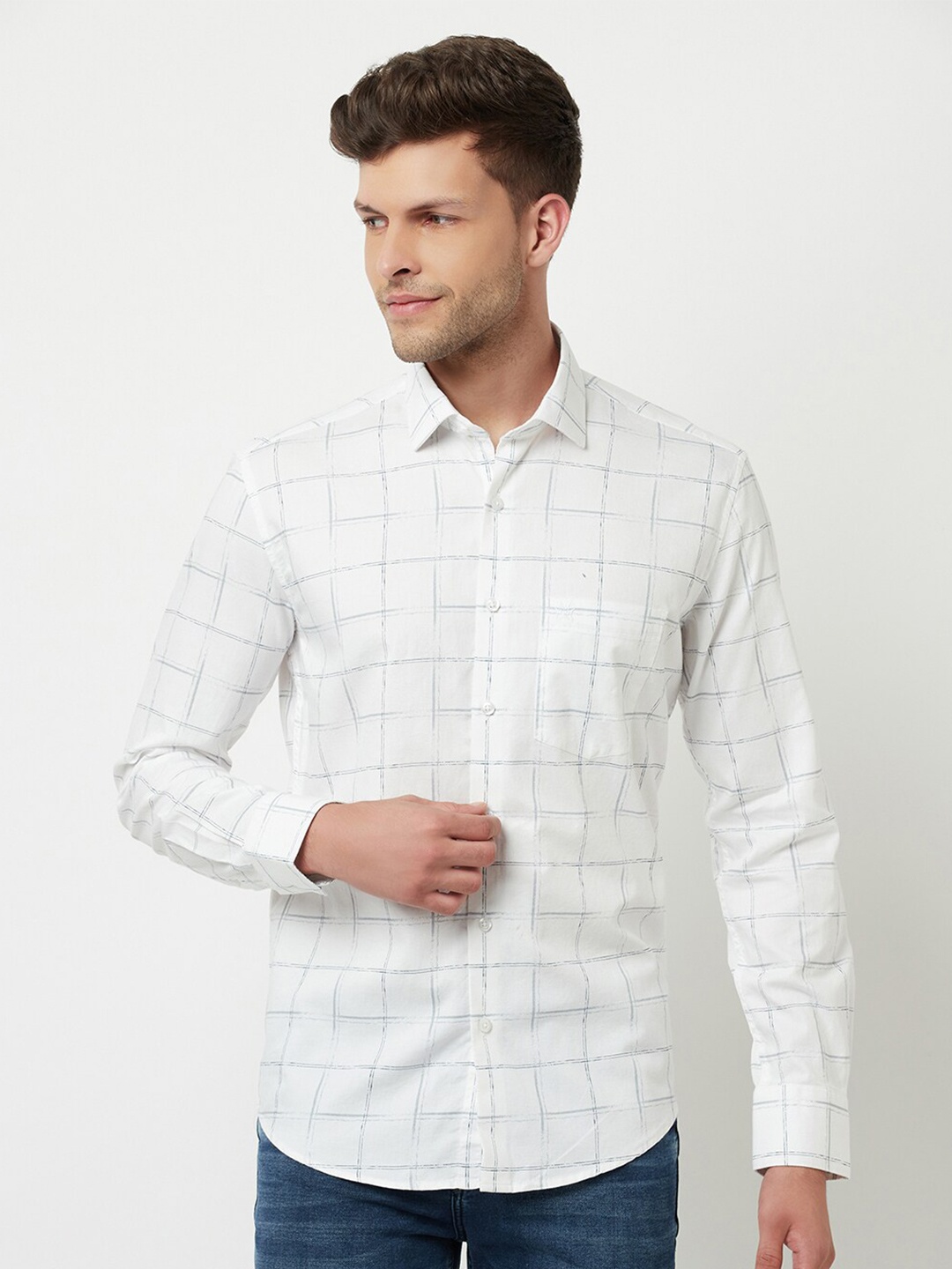 

Crimsoune Club Men White Slim Fit Windowpane Checked Cotton Casual Shirt