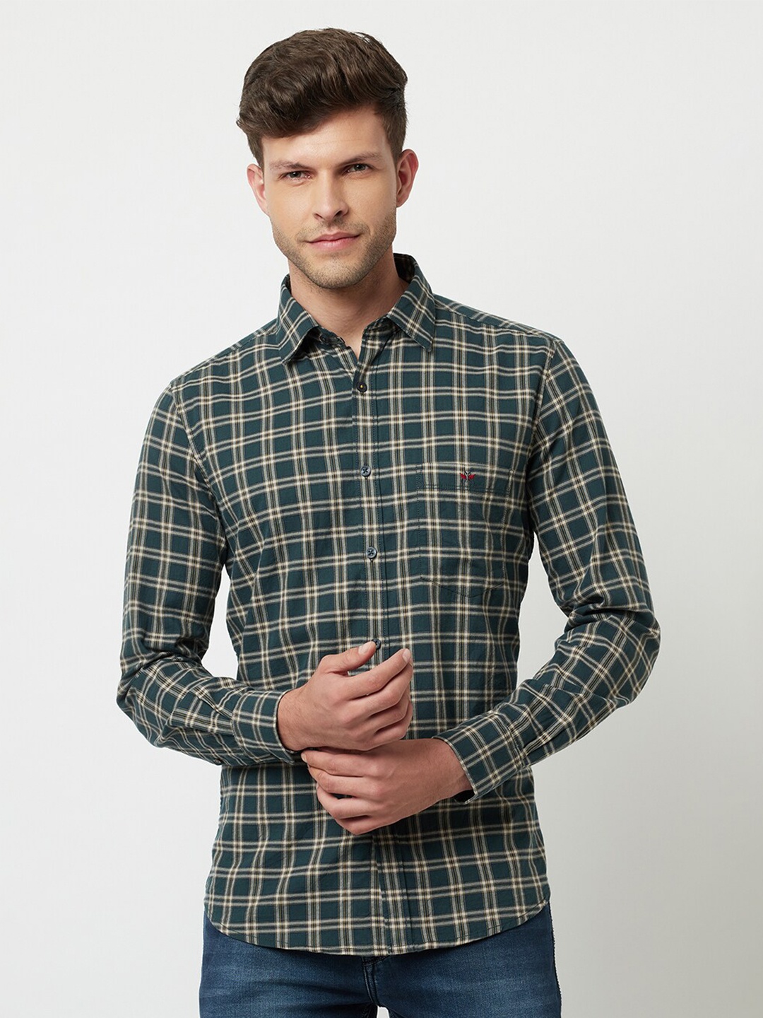 

Crimsoune Club Men Green Slim Fit Tartan Checked Pure Cotton Casual Shirt