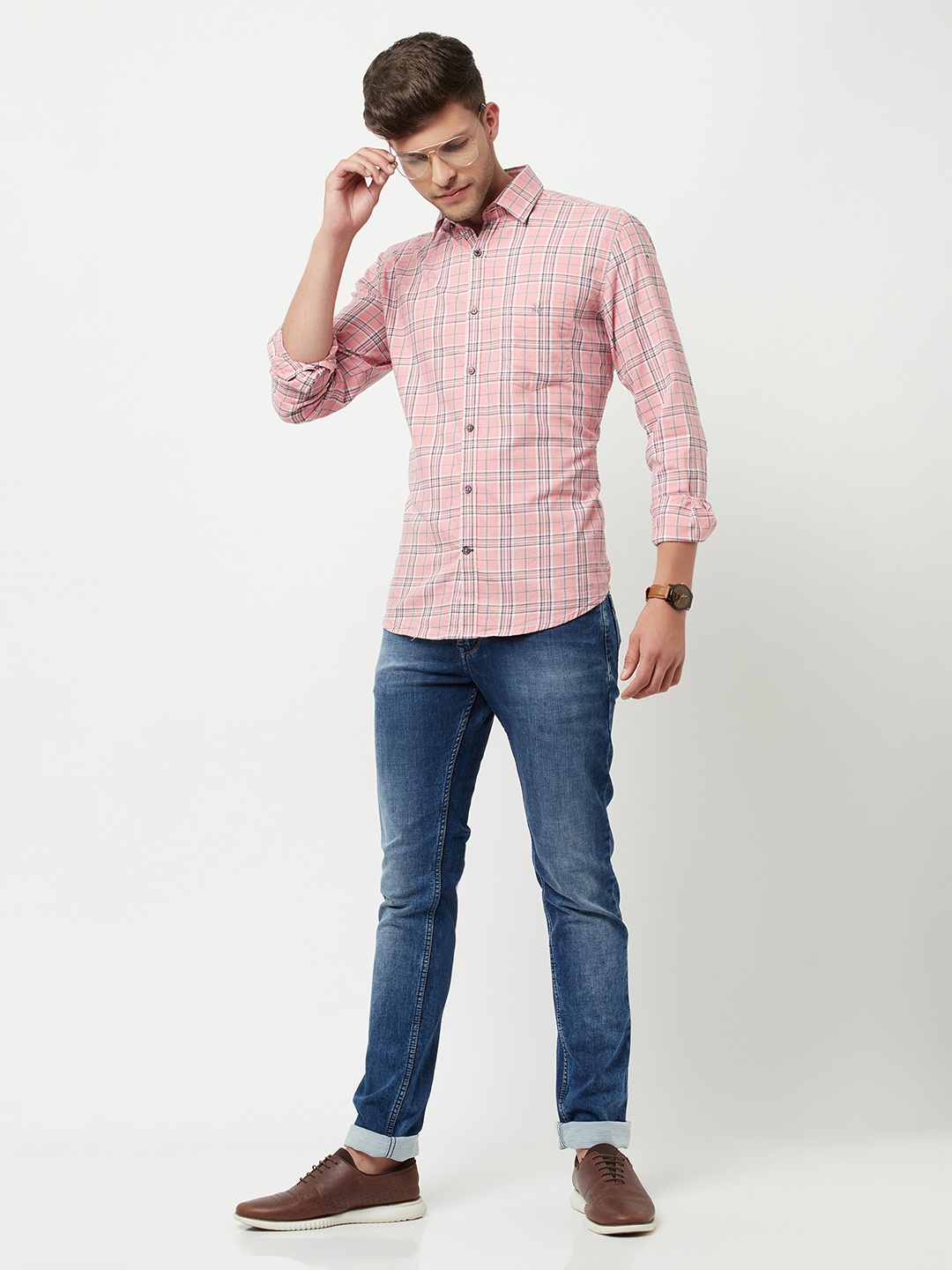 

Crimsoune Club Men Pink Slim Fit Tartan Checks Casual Shirt