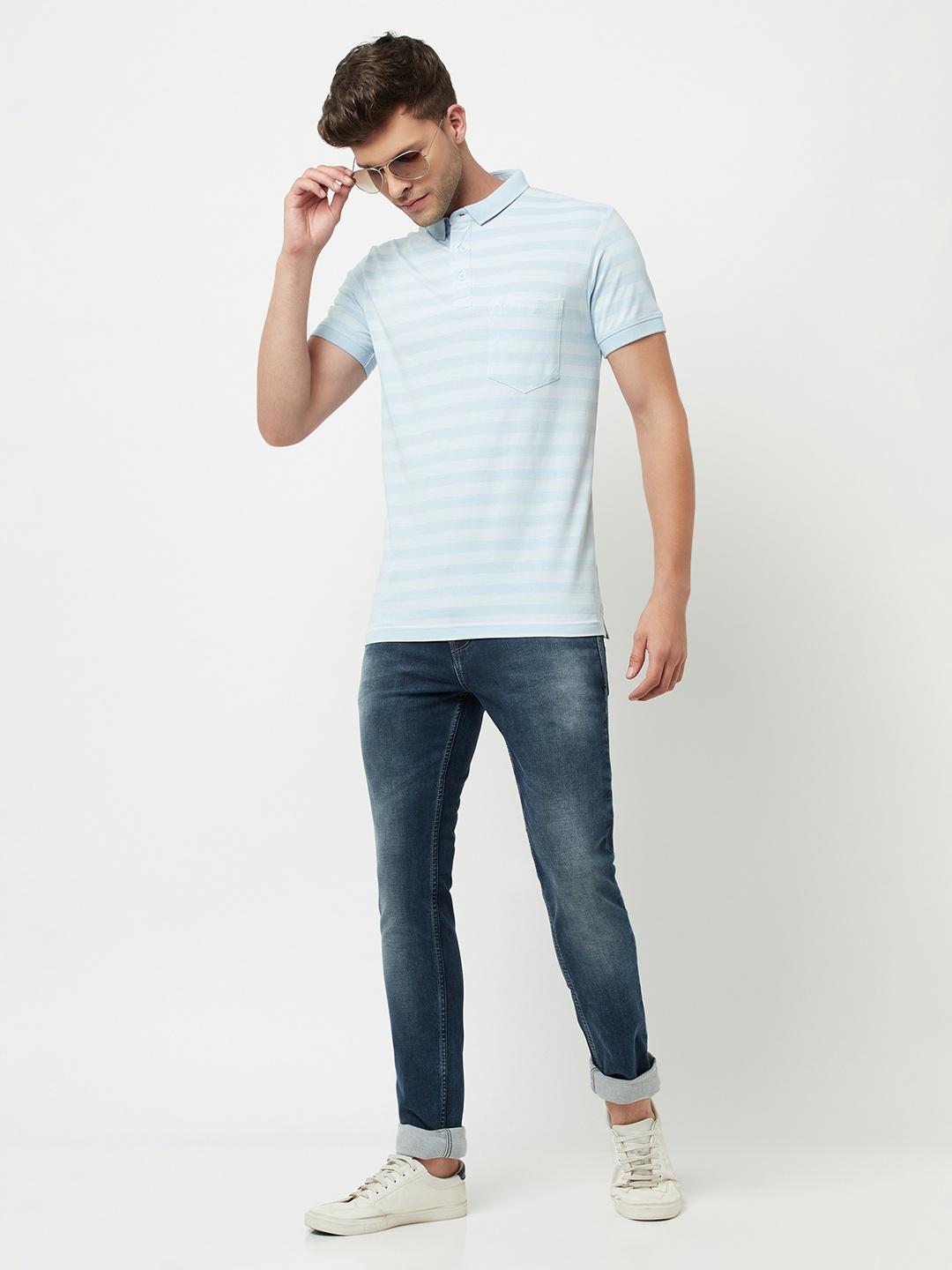 

Crimsoune Club Men Blue Striped Polo Collar Slim Fit T-shirt