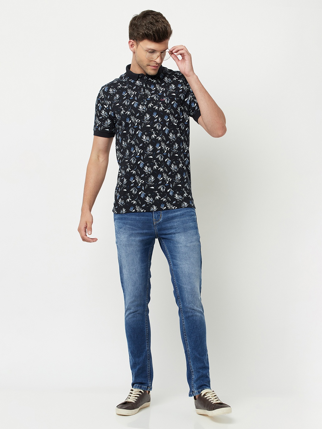 

Crimsoune Club Men Navy Blue Floral Printed Polo Collar Slim Fit T-shirt