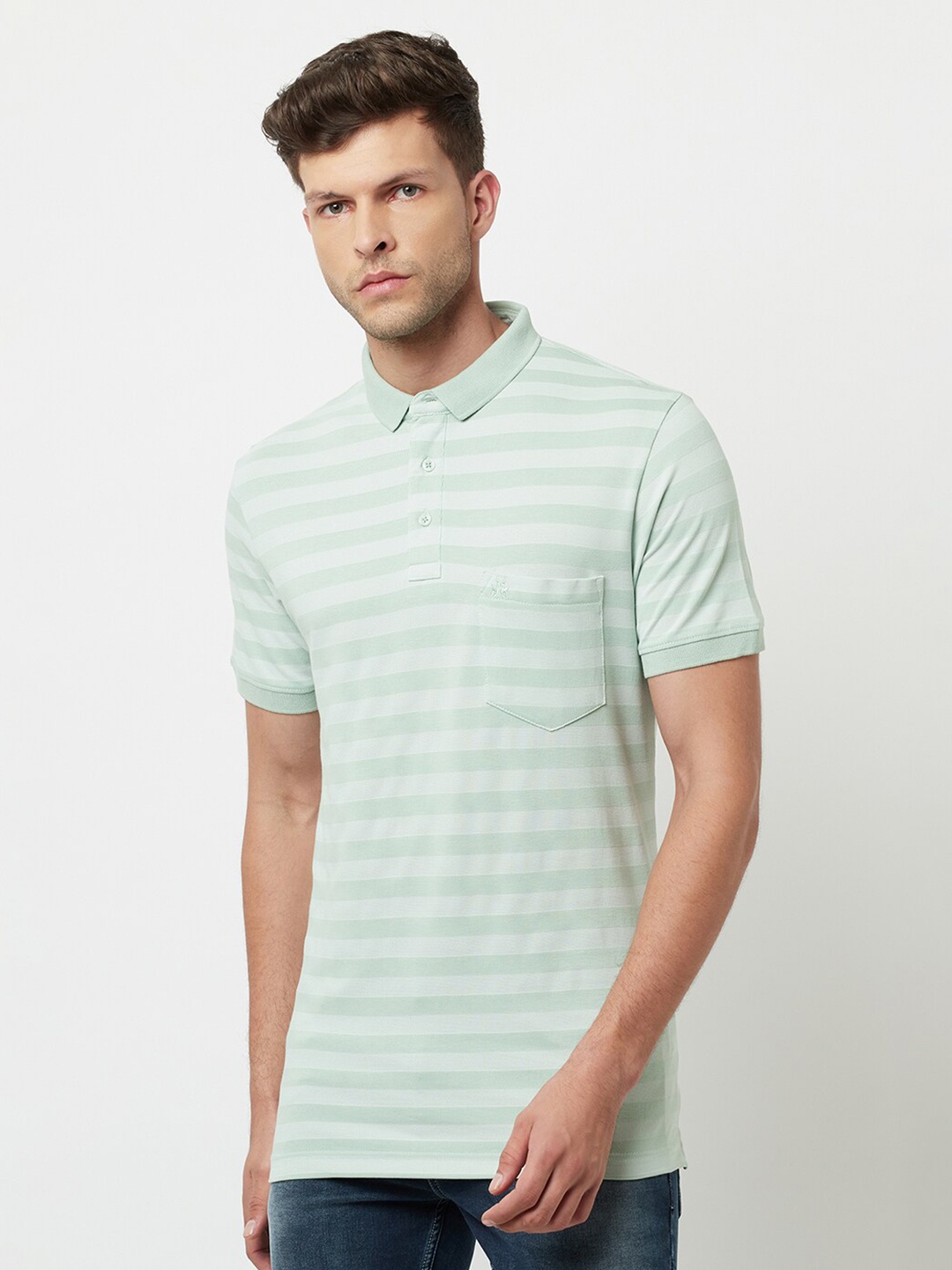 

Crimsoune Club Men Green & Off White Striped Polo Collar Slim Fit T-shirt