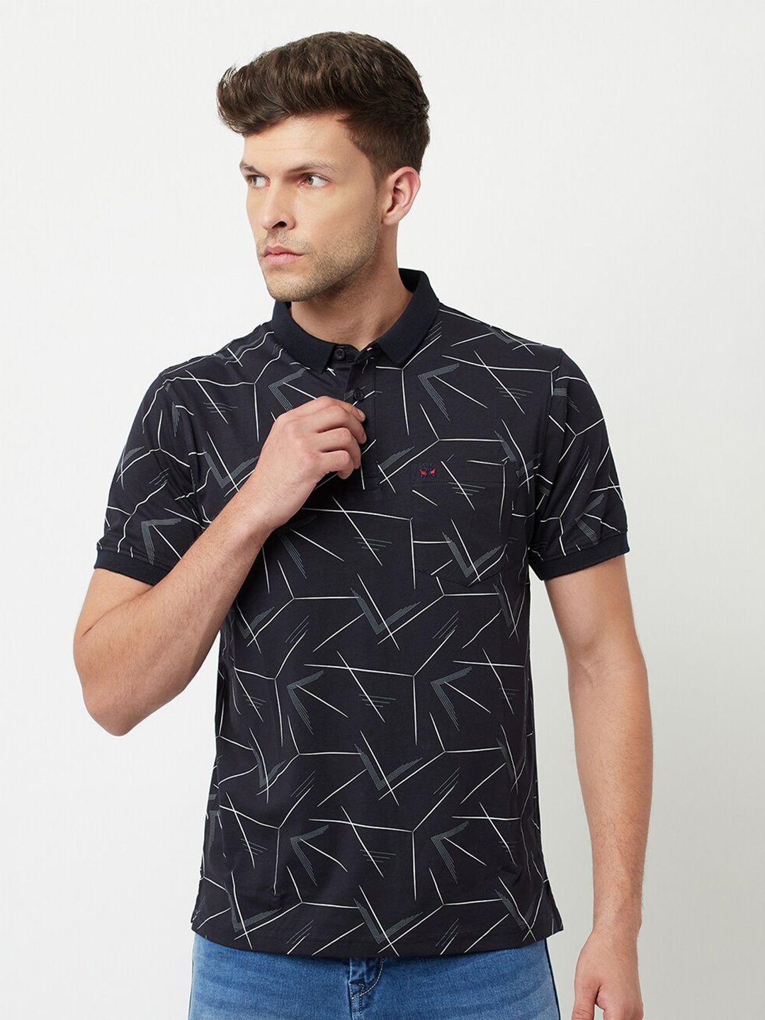 

Crimsoune Club Men Navy Blue & White Printed Polo Collar Slim Fit T-shirt
