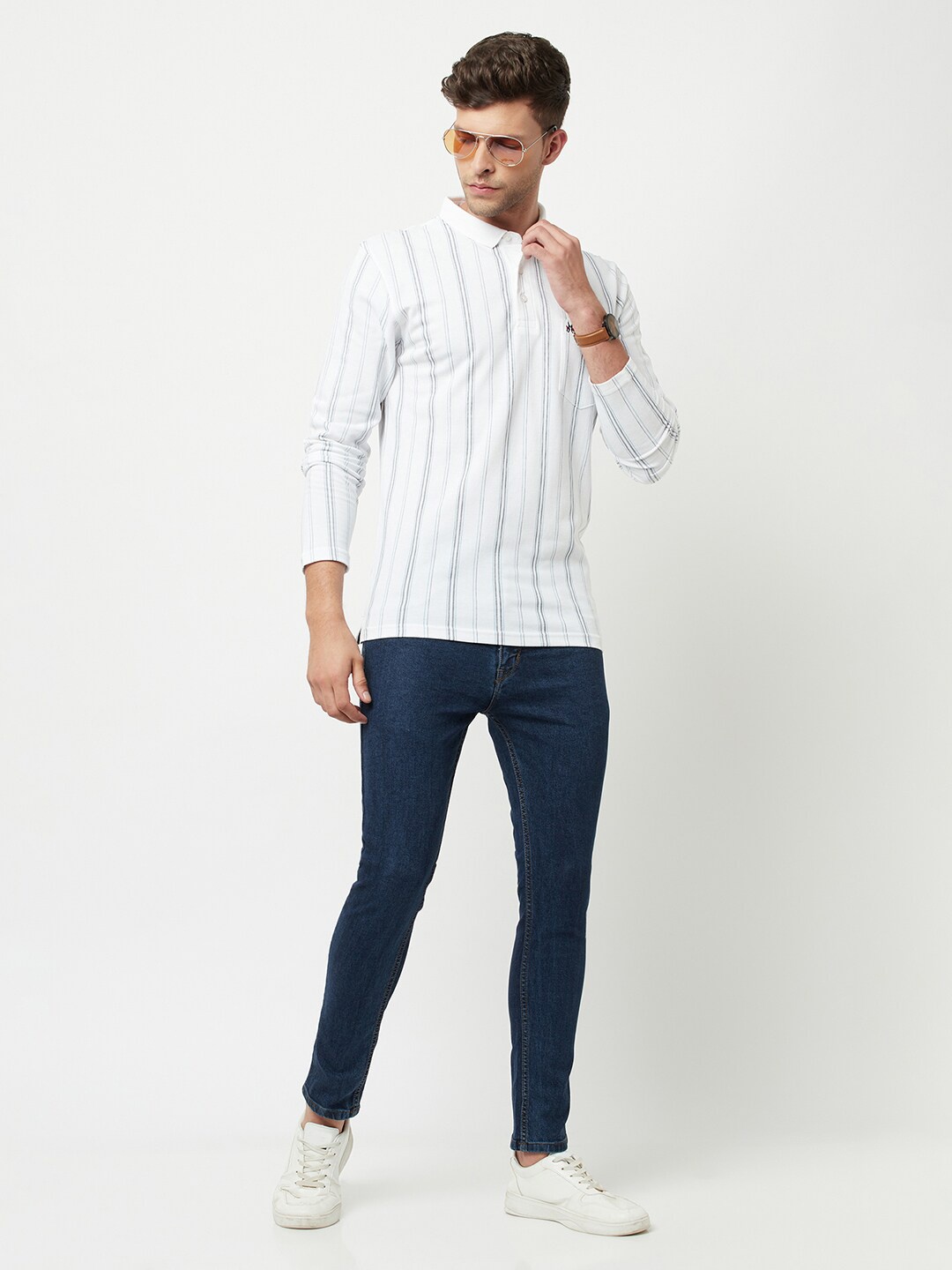 

Crimsoune Club Men White Striped Polo Collar Slim Fit T-shirt