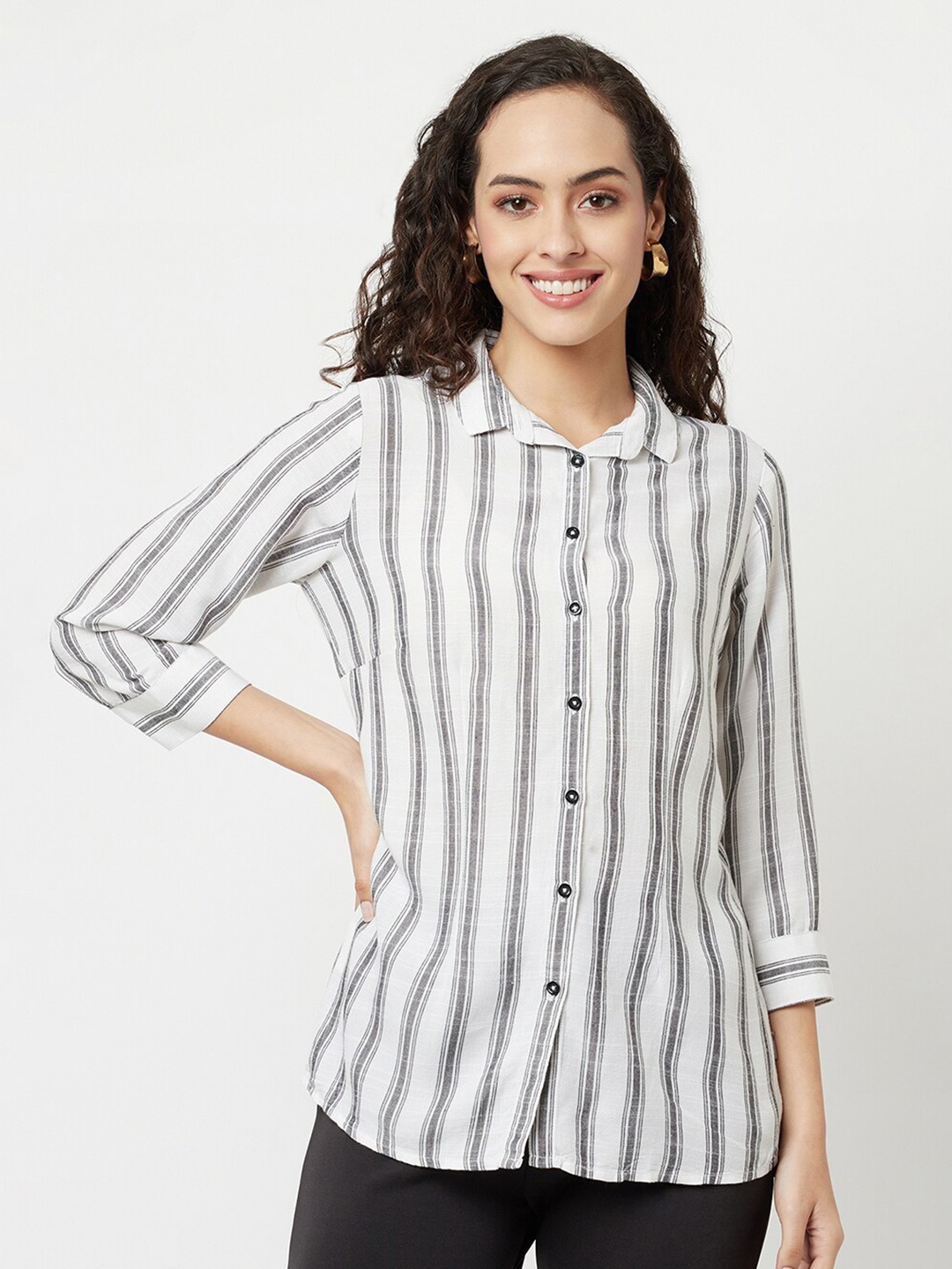 

Crimsoune Club Women White Slim Fit Striped Casual Shirt